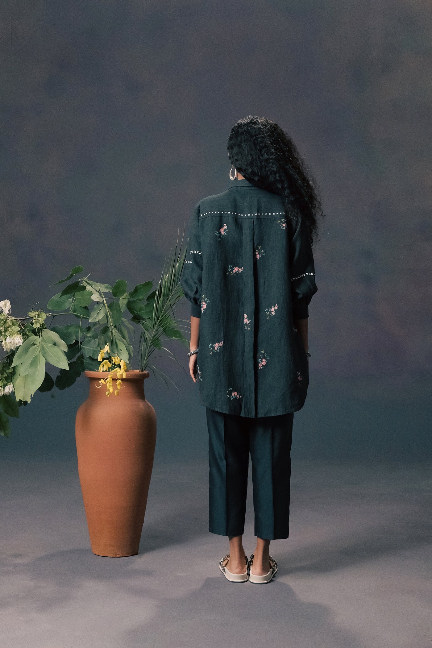 Elegant Indigo Rose Print Linen Shirt with Chanderi Silk Straight Pants Set