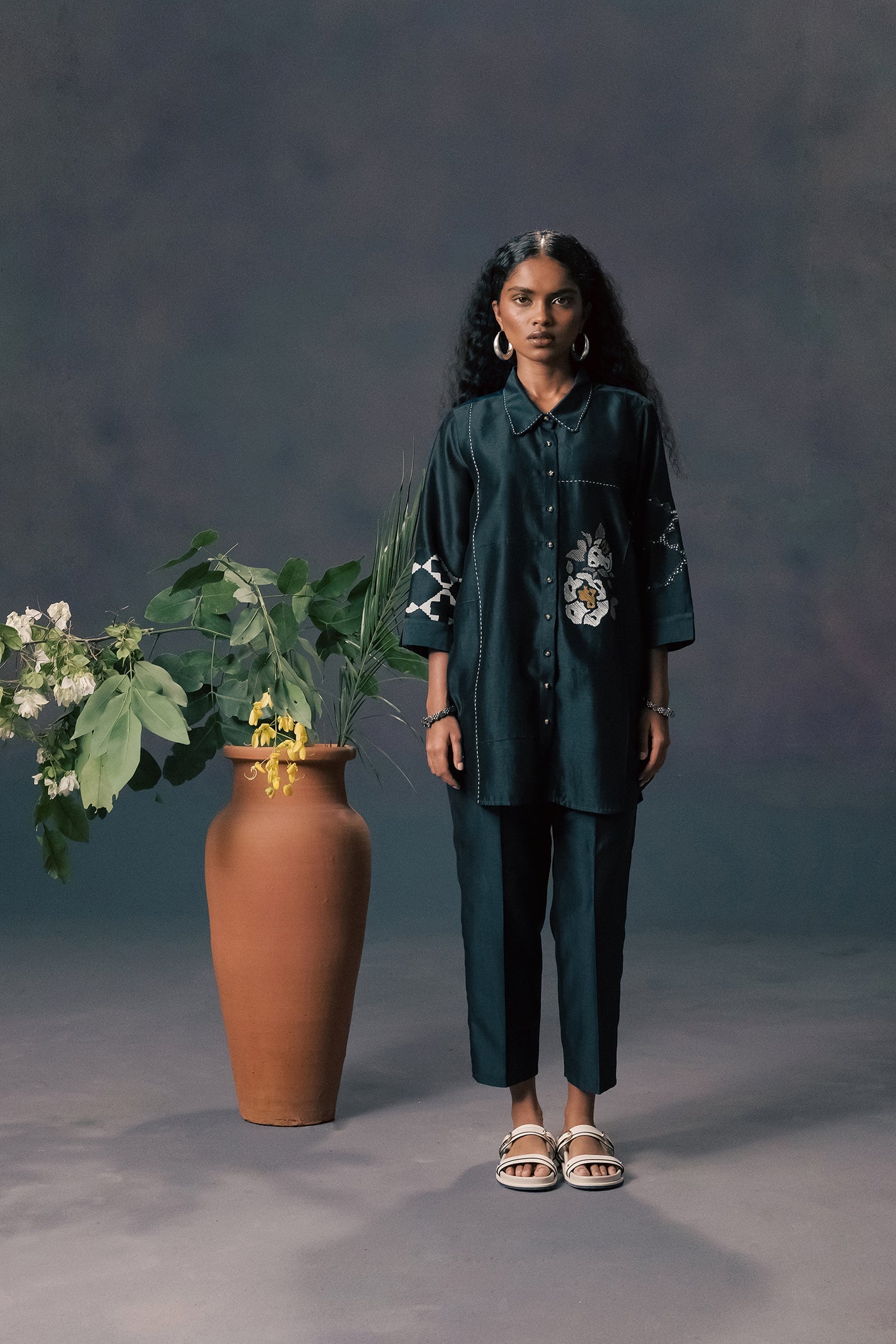 Luxe Indigo Silk Chanderi Embroidered Shirt & Straight Pants Co-ord Set