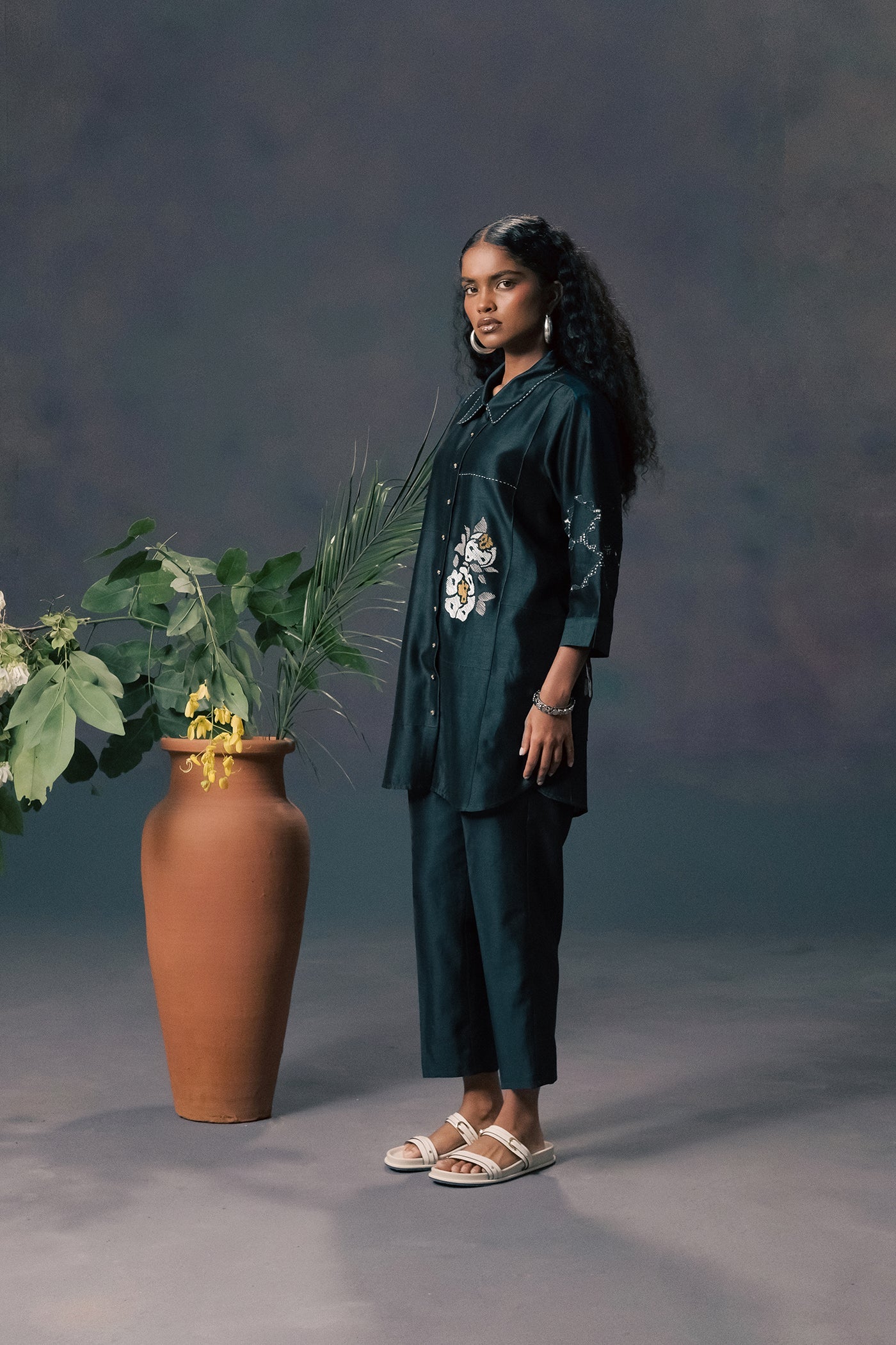 Luxe Indigo Silk Chanderi Embroidered Shirt & Straight Pants Co-ord Set
