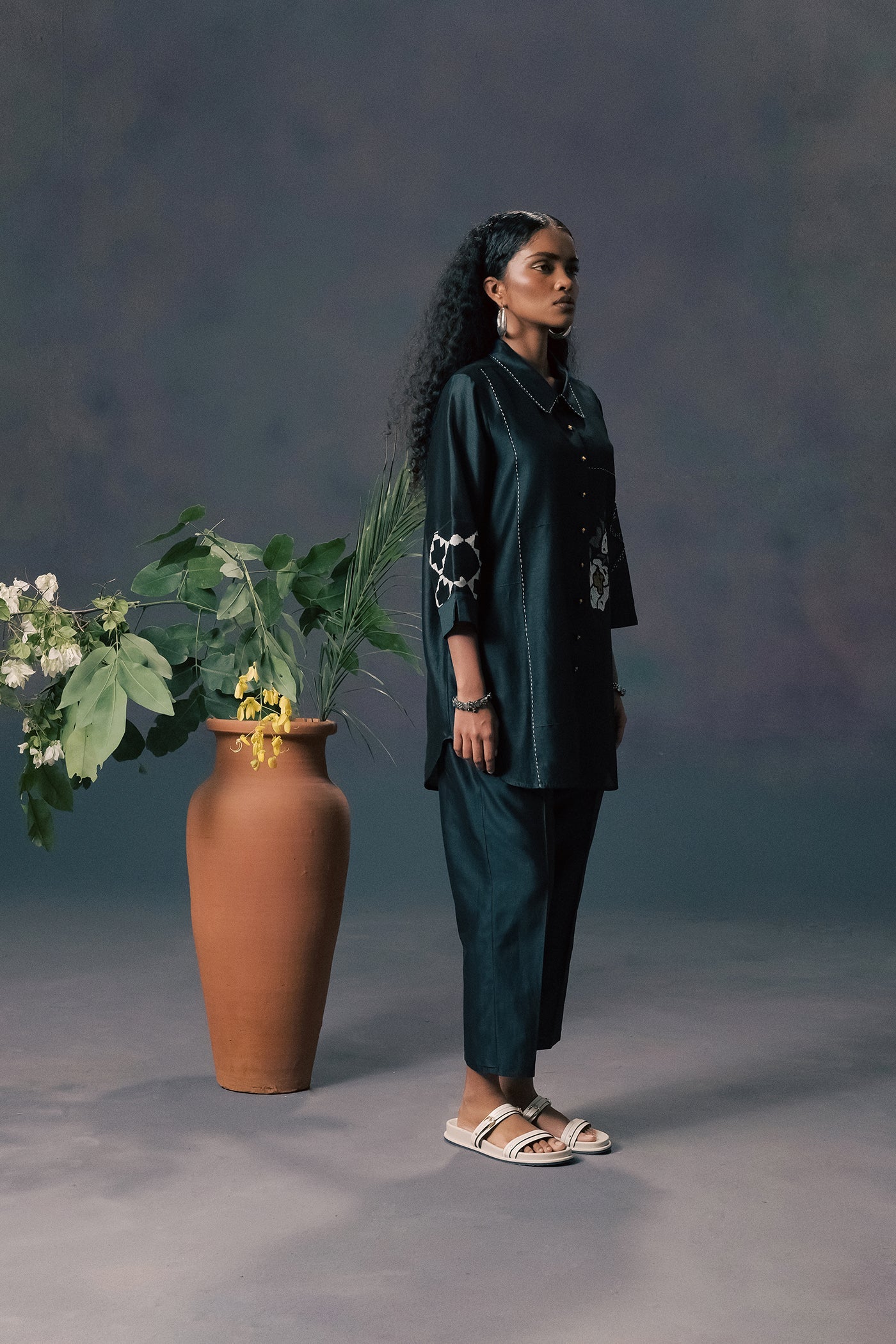Luxe Indigo Silk Chanderi Embroidered Shirt & Straight Pants Co-ord Set