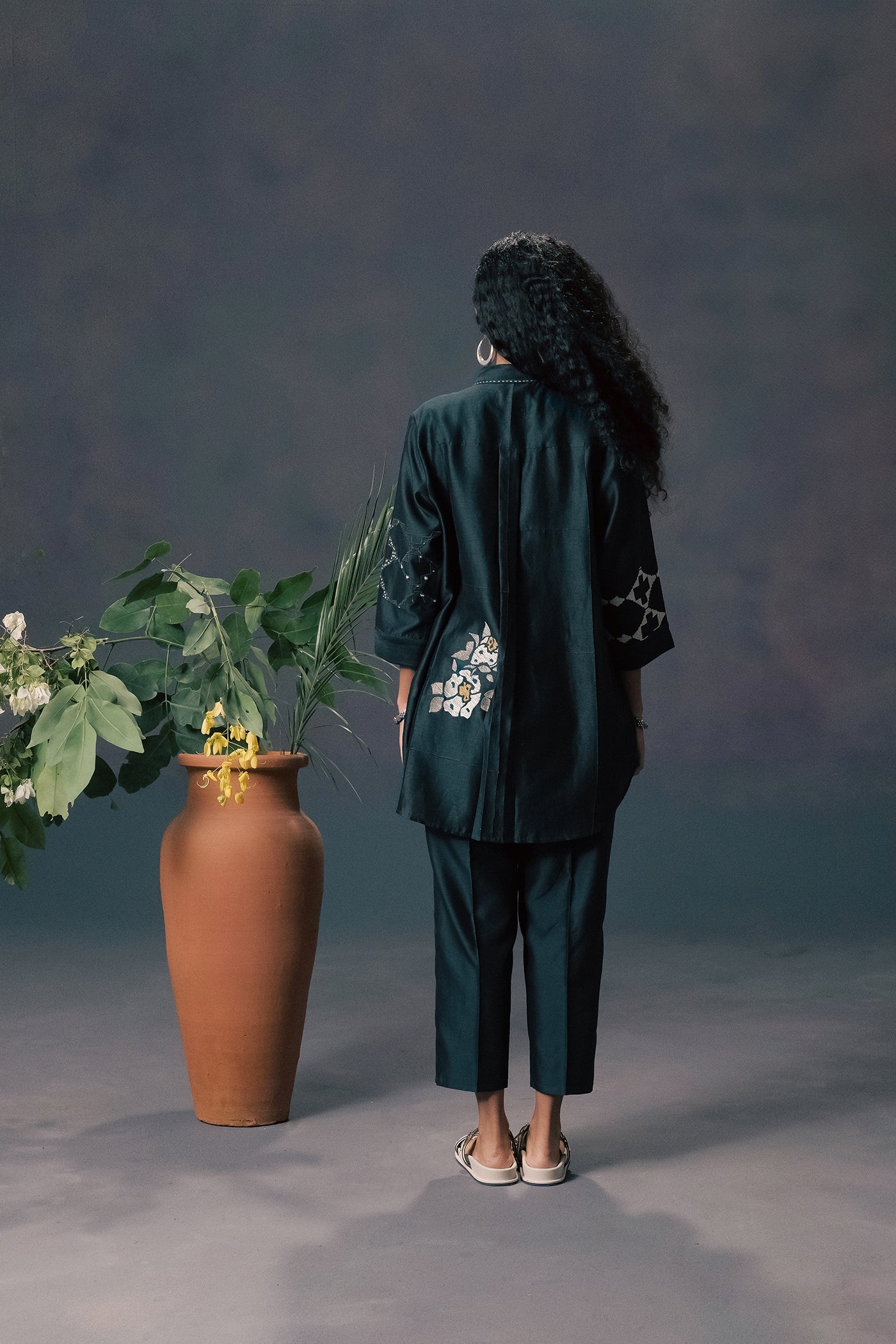 Luxe Indigo Silk Chanderi Embroidered Shirt & Straight Pants Co-ord Set