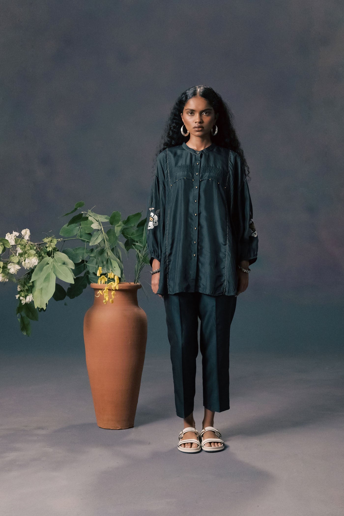 Elegant Indigo Mulberry Silk Shirt & Chanderi Pants Set with Striped Embroidery