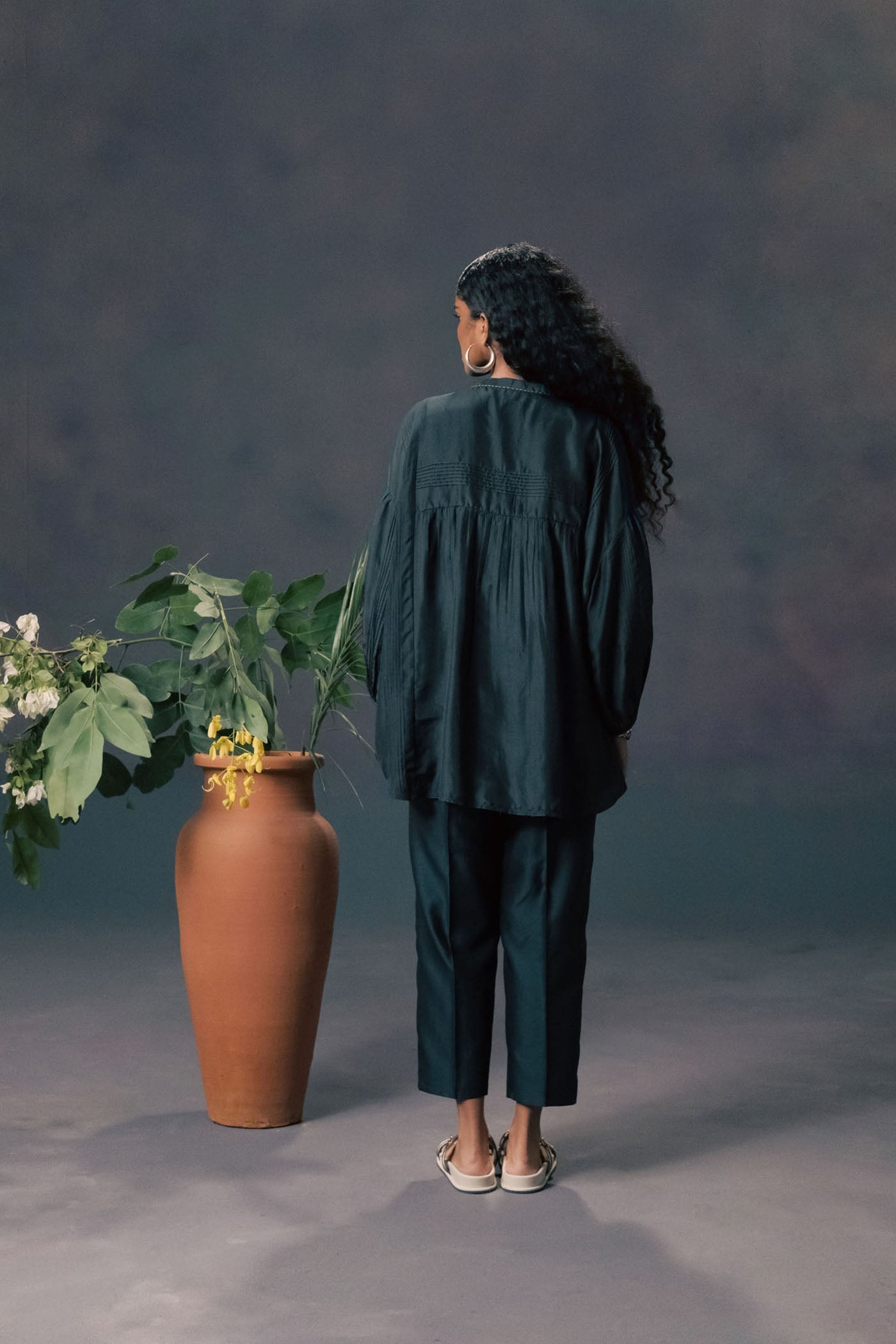 Elegant Indigo Mulberry Silk Shirt & Chanderi Pants Set with Striped Embroidery