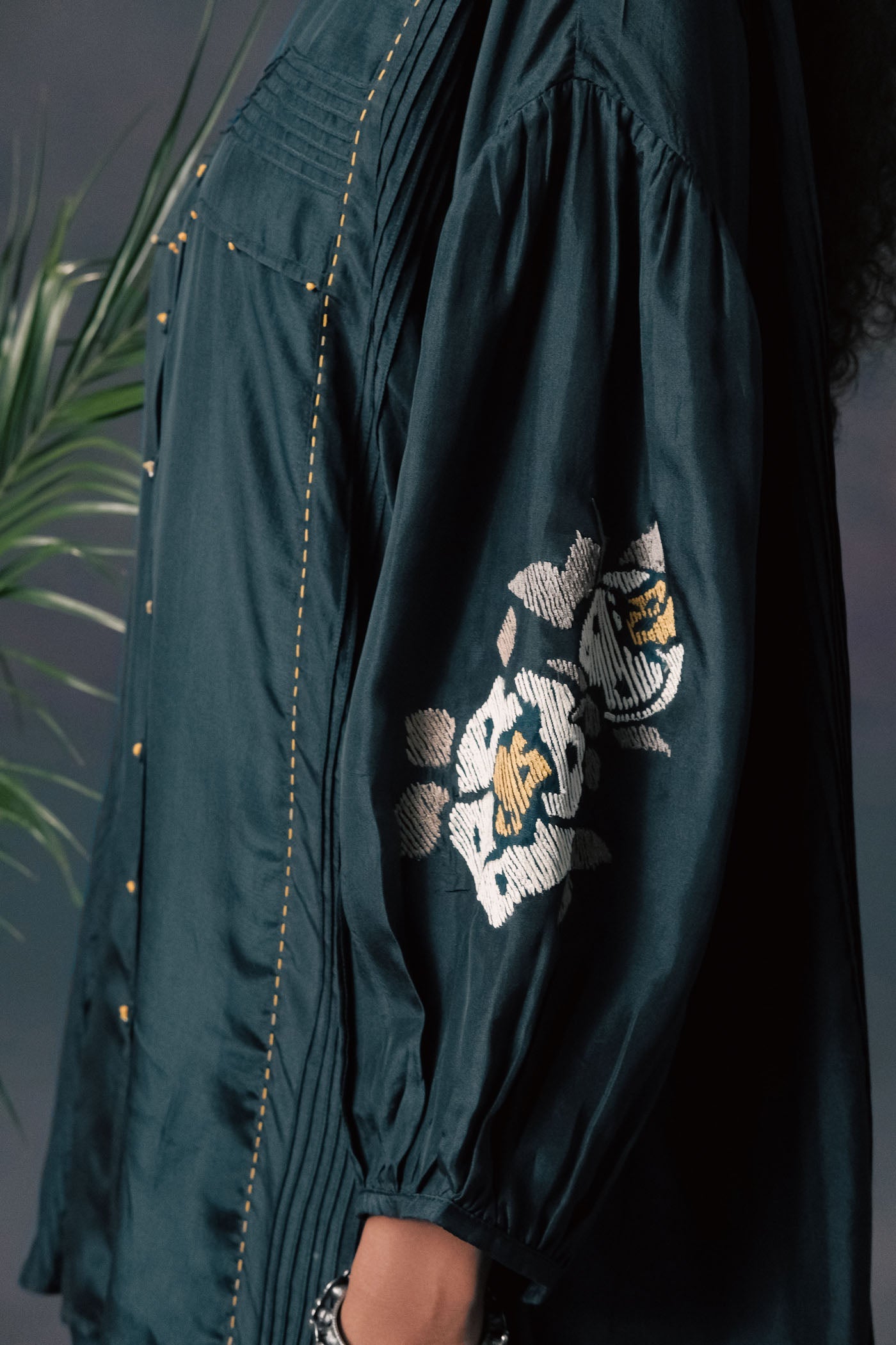 Elegant Indigo Mulberry Silk Shirt & Chanderi Pants Set with Striped Embroidery