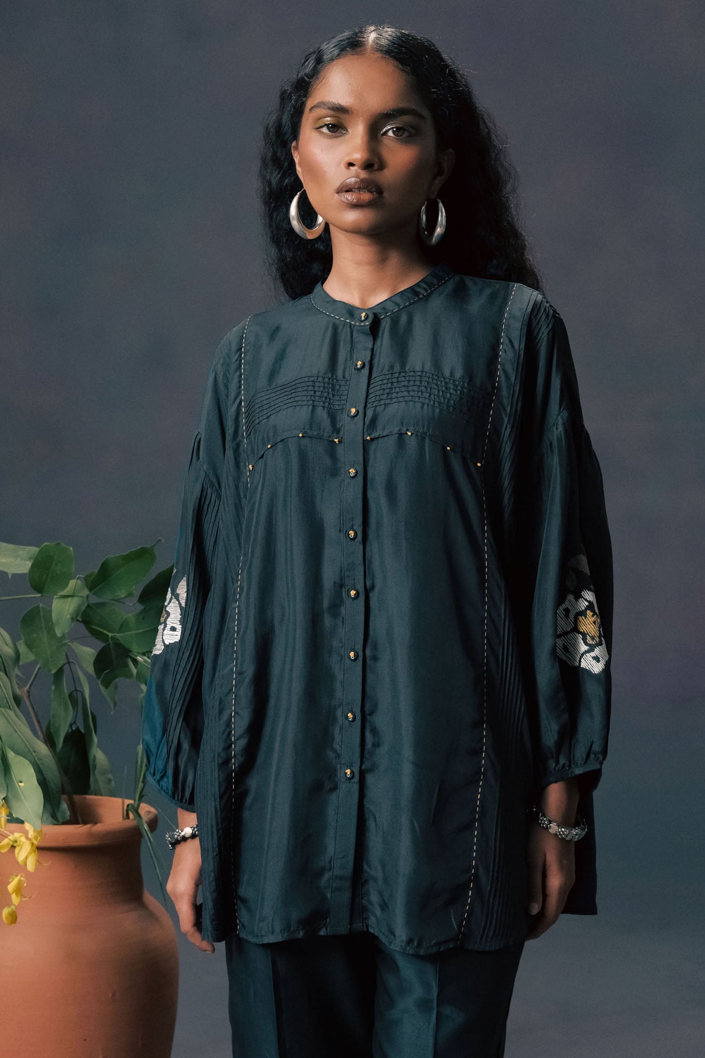 Elegant Indigo Mulberry Silk Shirt & Chanderi Pants Set with Striped Embroidery