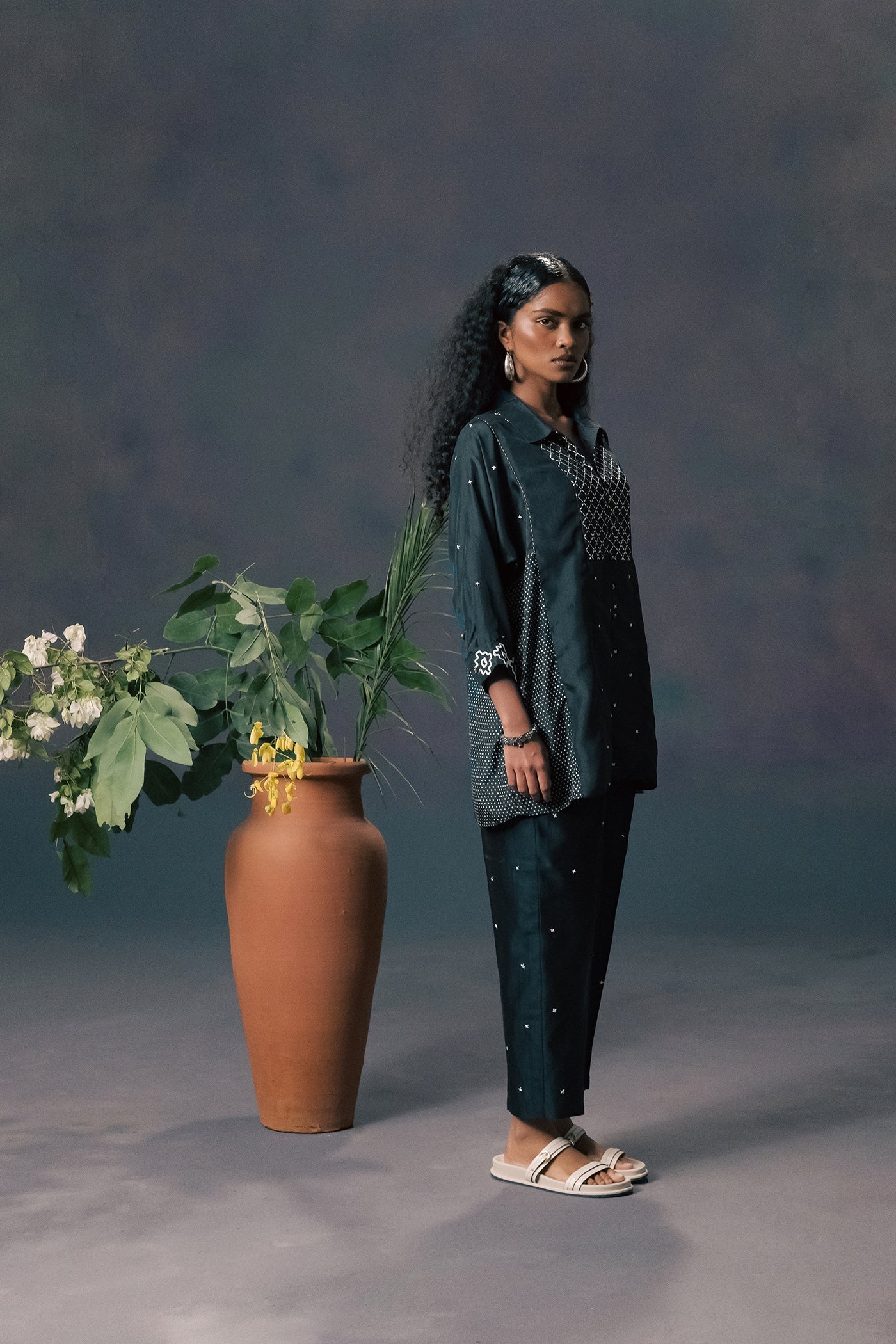 Elegant Indigo Mulberry Silk Embroidered Shirt & Silk Chanderi Straight Pants Set