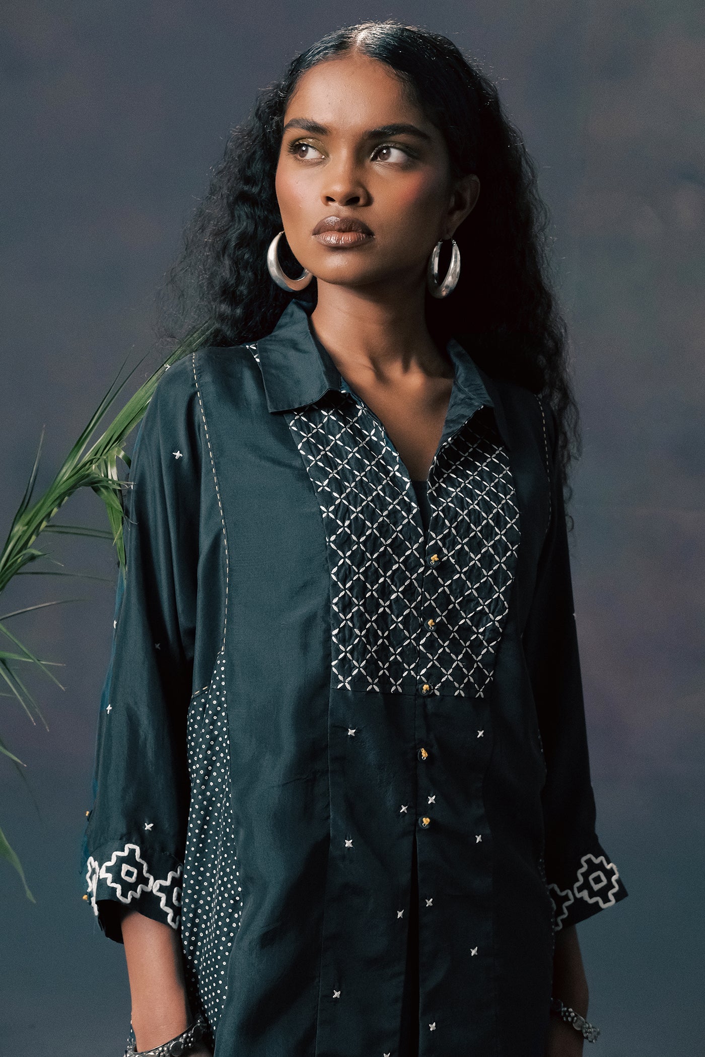 Elegant Indigo Mulberry Silk Embroidered Shirt & Silk Chanderi Straight Pants Set