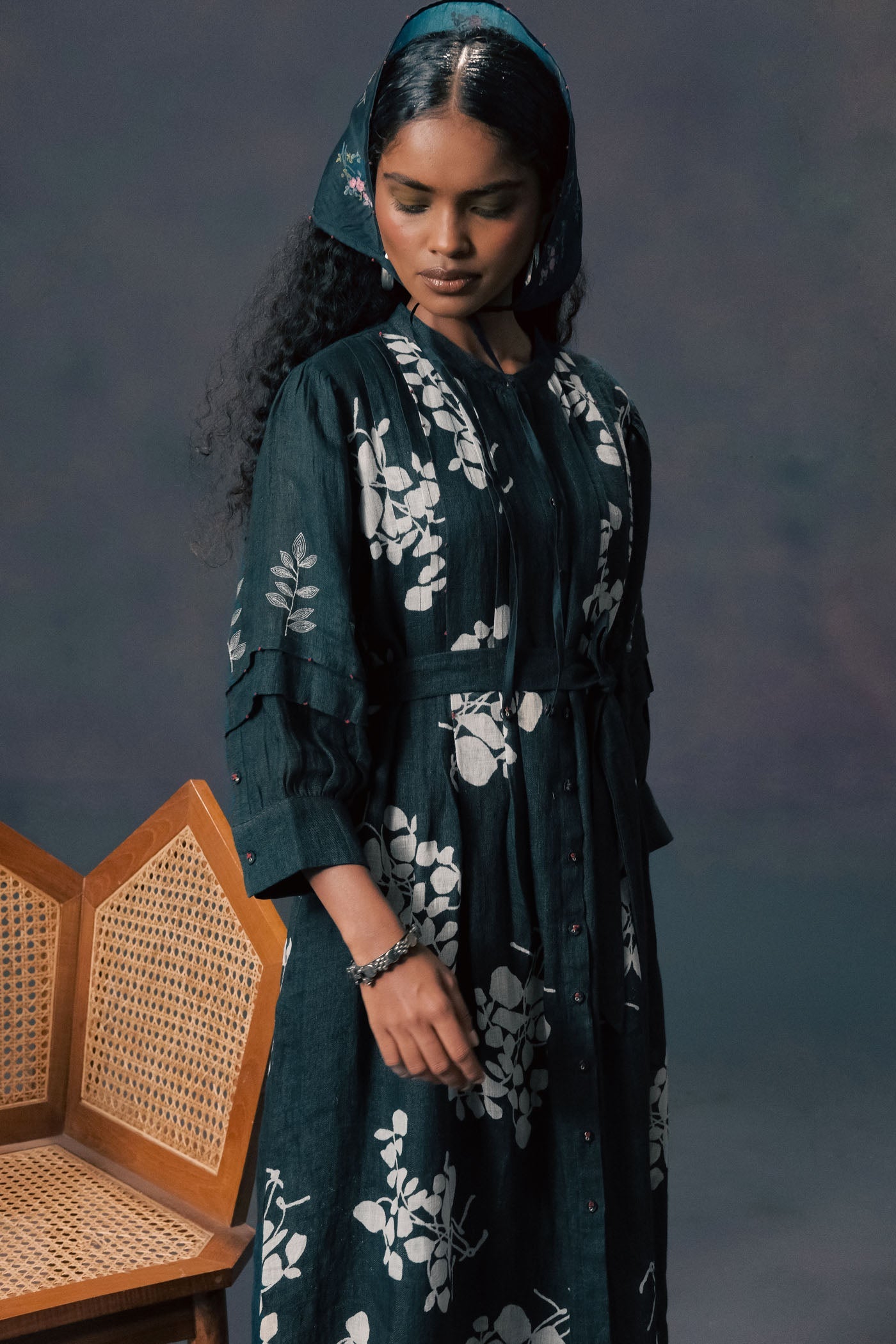 Elegant Indigo Discharge Print Gauze Linen Pleated Dress with Embroidered Sleeves
