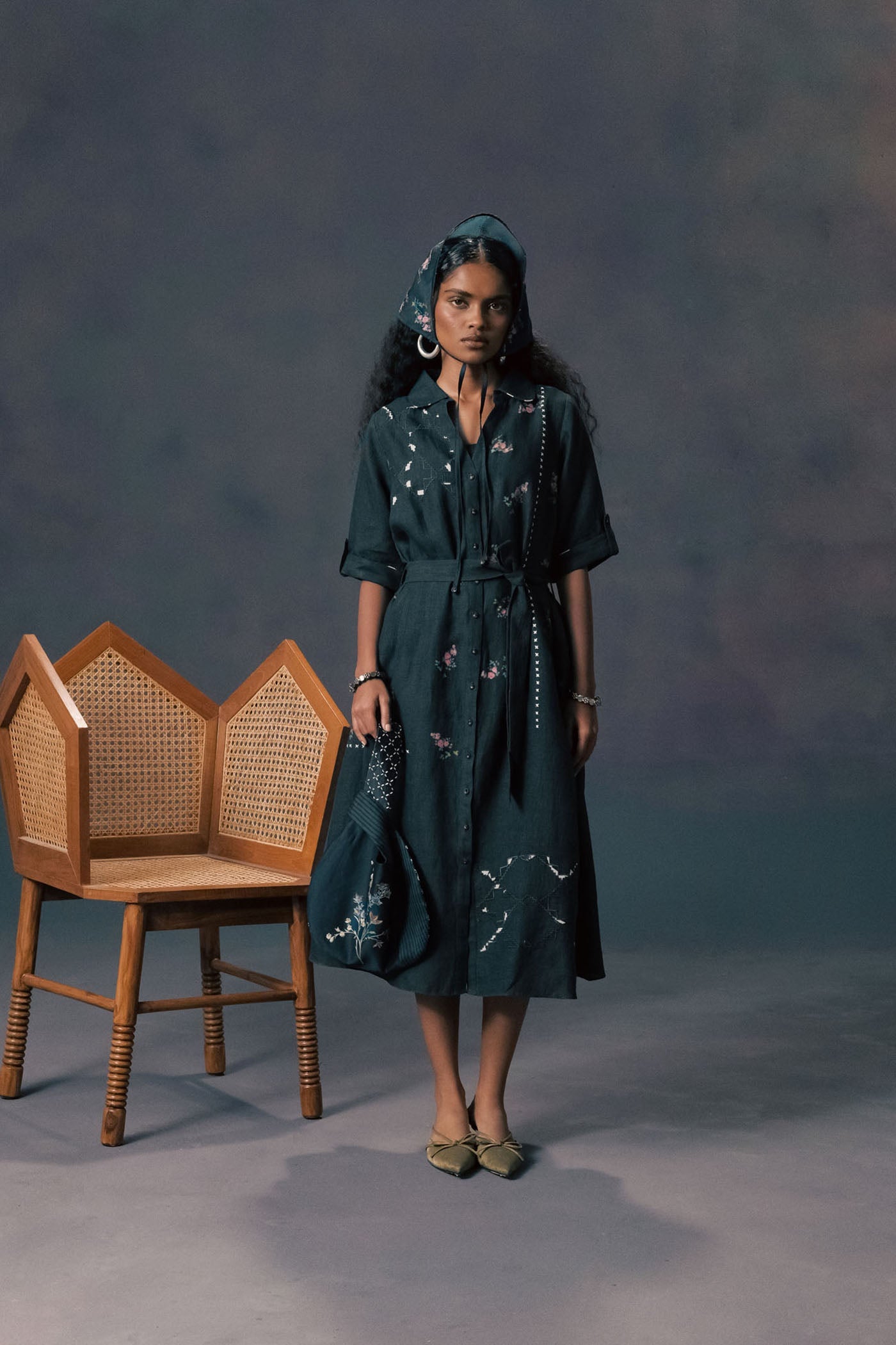 Elegant Indigo Rose Print Linen Dress with Hand Embroidery and Slip