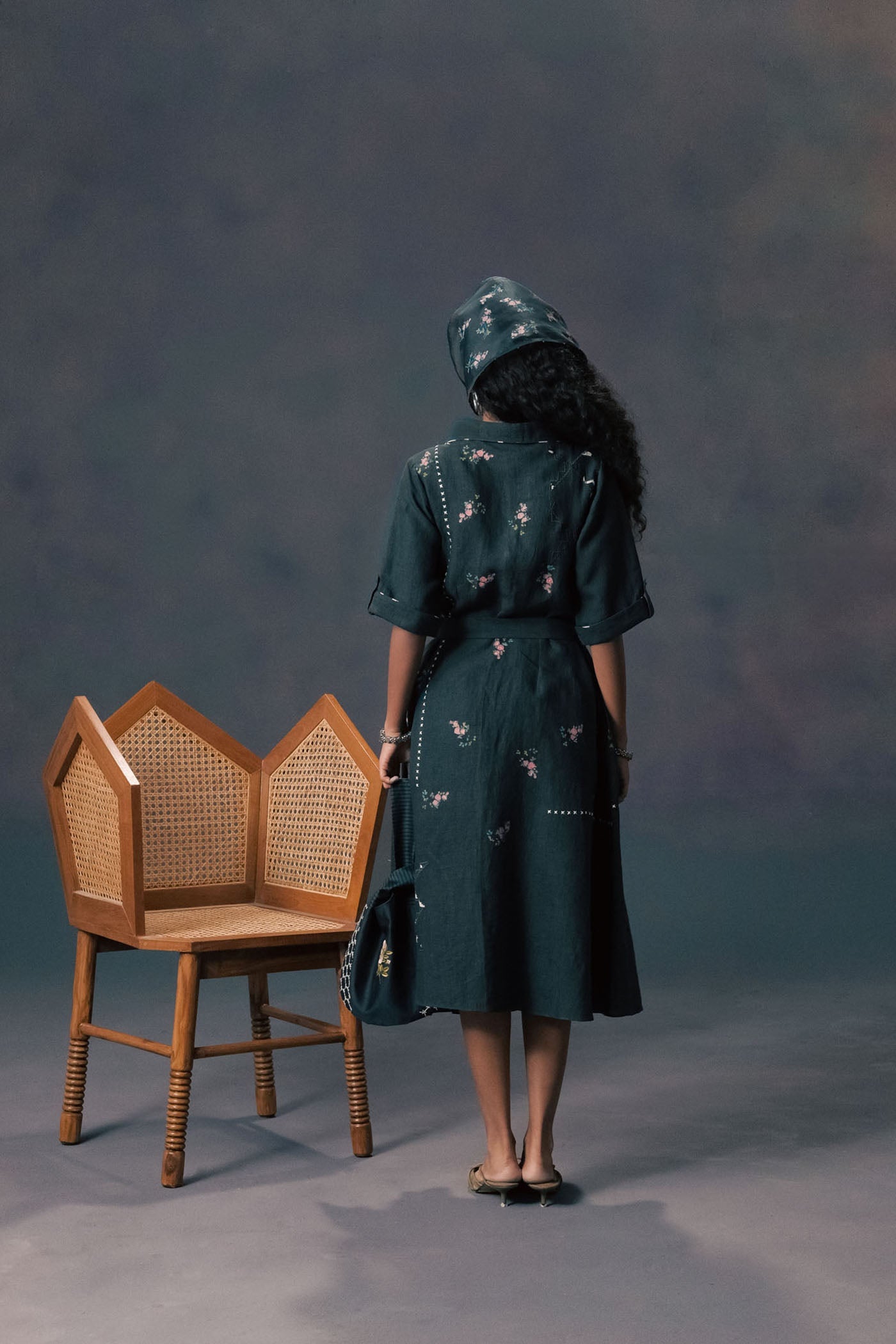 Elegant Indigo Rose Print Linen Dress with Hand Embroidery and Slip