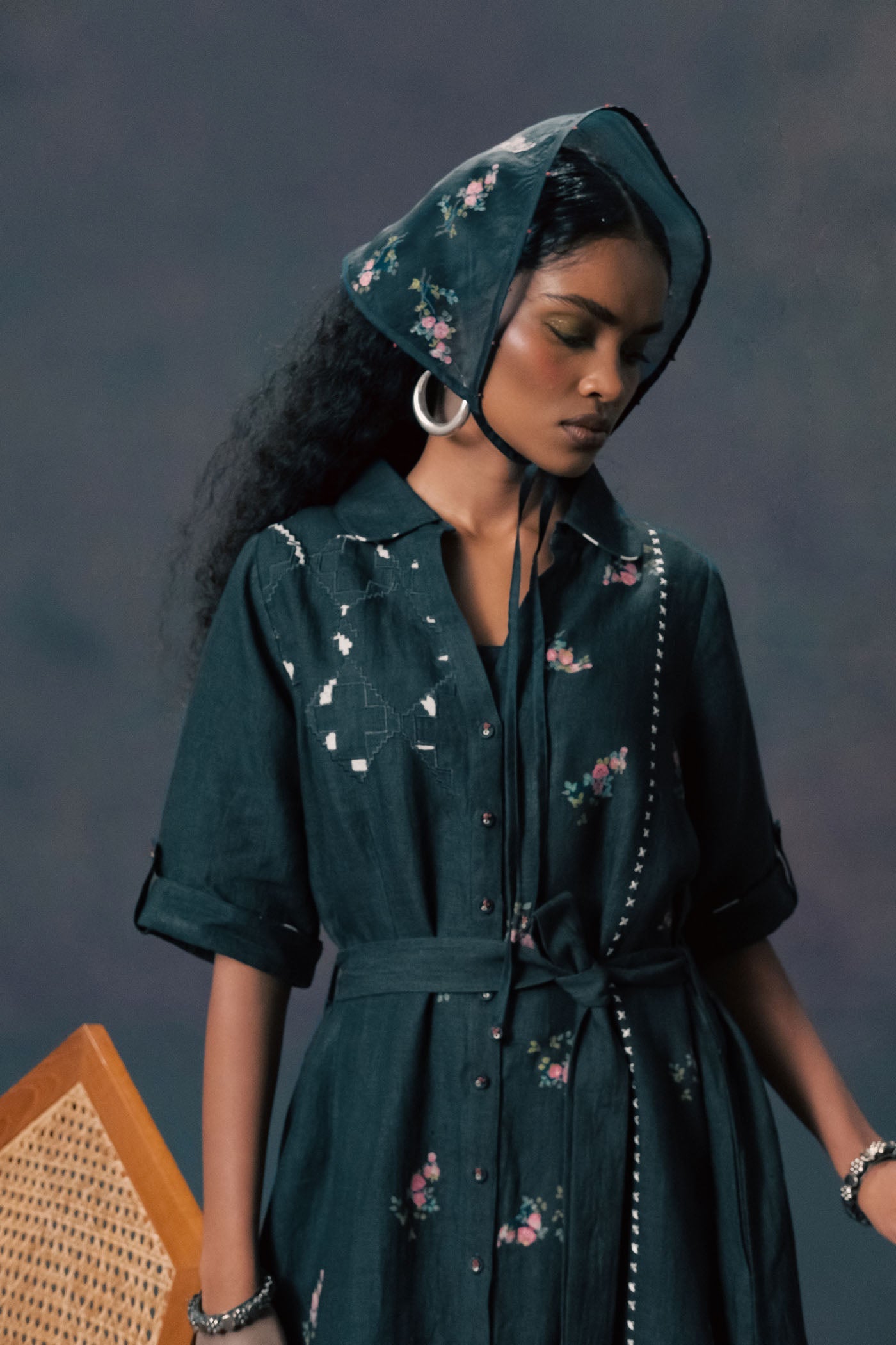 Elegant Indigo Rose Print Linen Dress with Hand Embroidery and Slip