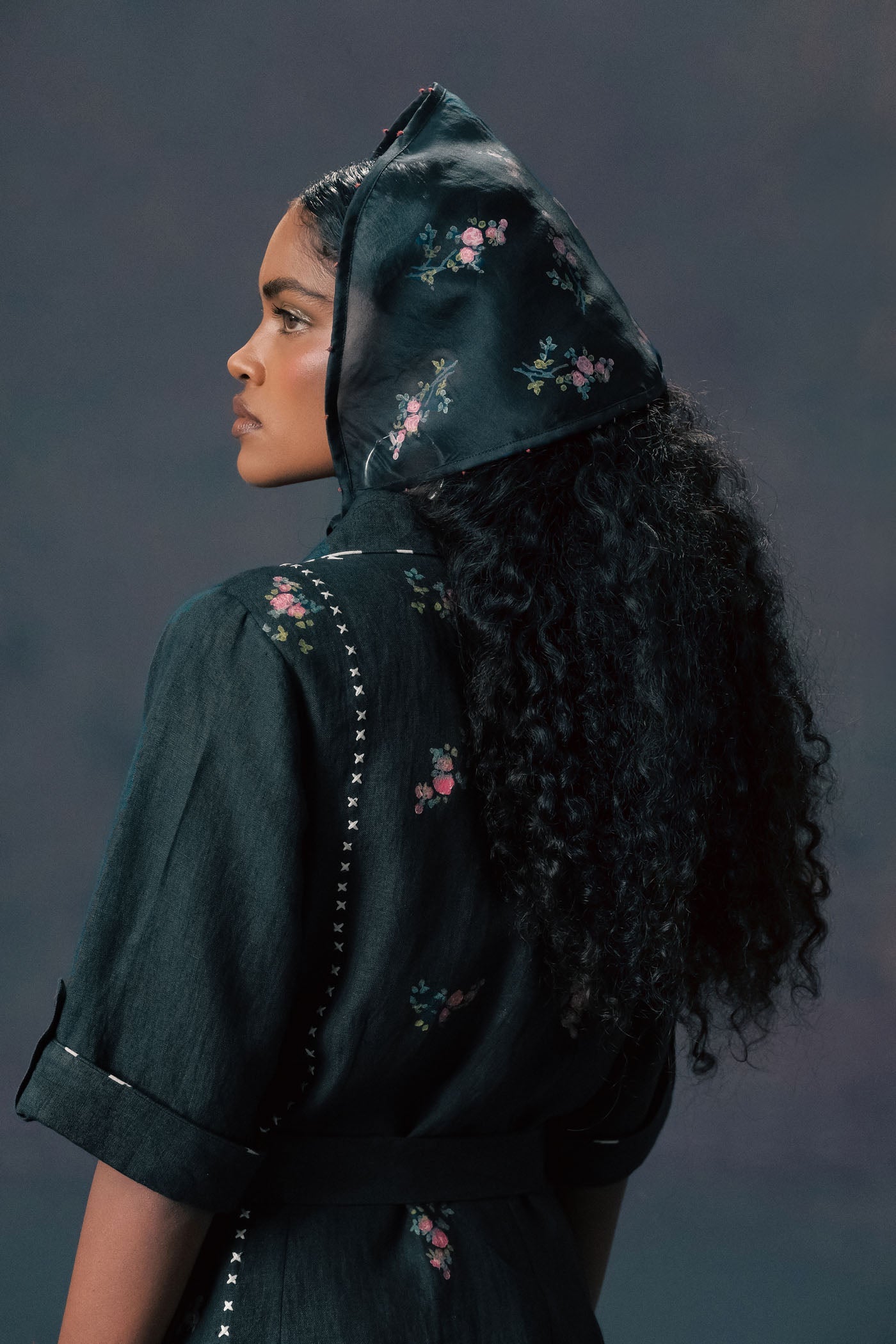 Elegant Indigo Rose Print Linen Dress with Hand Embroidery and Slip