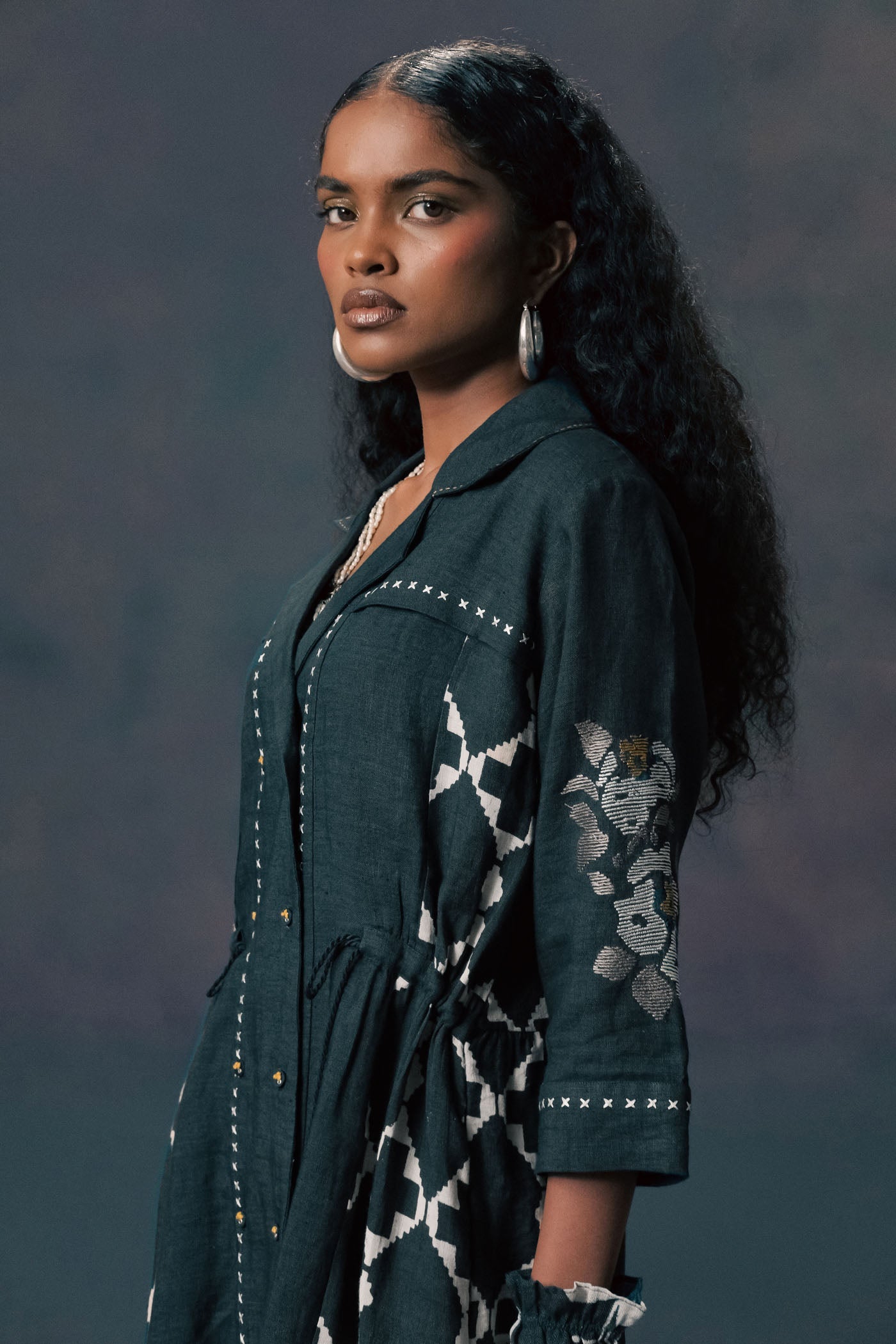 Flowy Indigo Linen Shirt Dress: Discharge Print, Chic Embroidery, Relaxed Fit