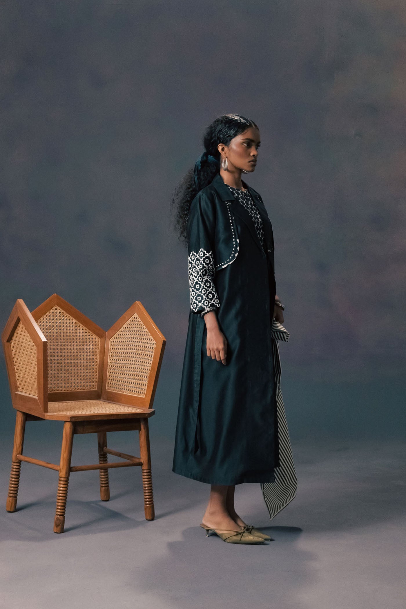 Luxurious Indigo Silk Chanderi Embroidered Jacket & Halter Neck Jumpsuit Outfit