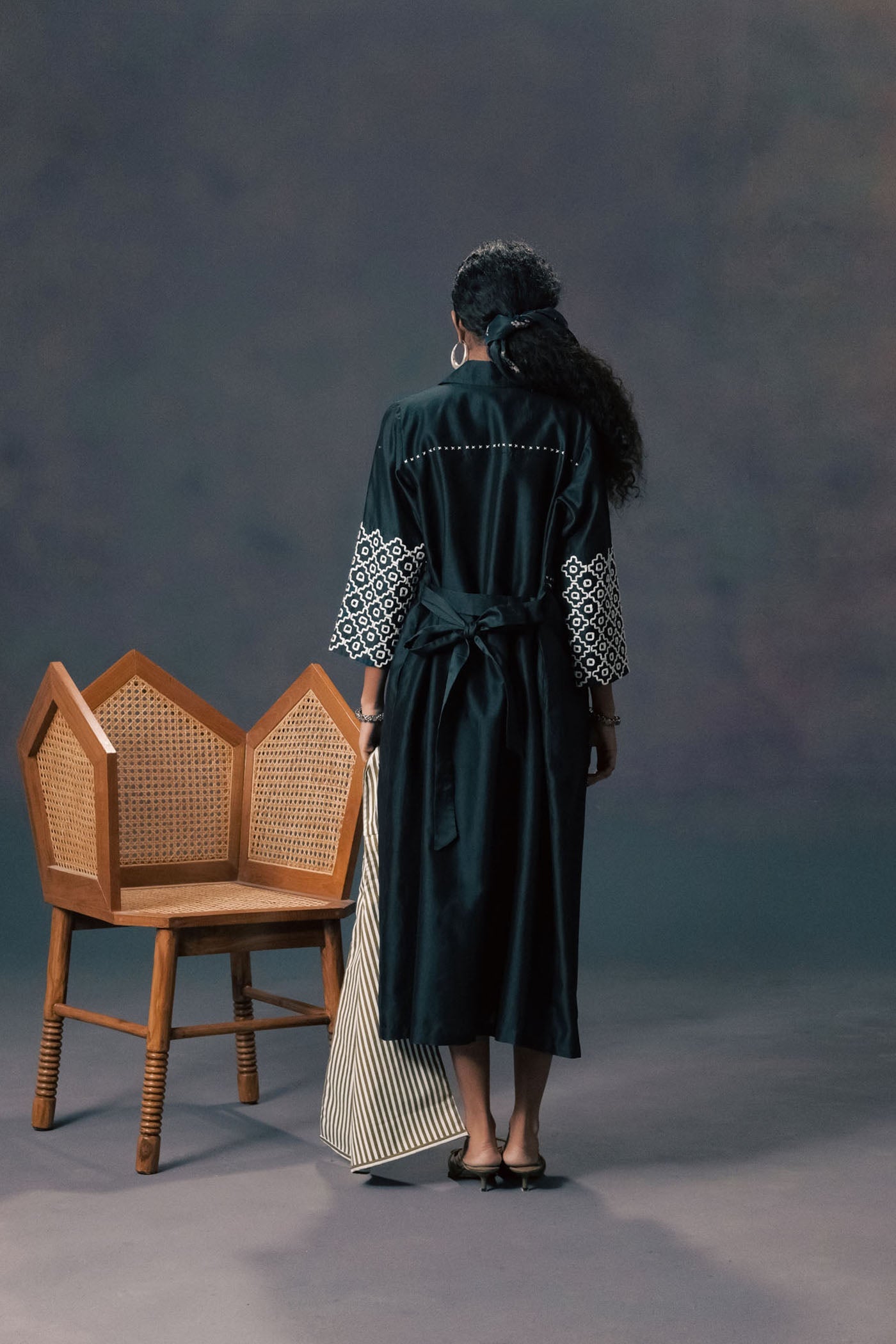 Luxurious Indigo Silk Chanderi Embroidered Jacket & Halter Neck Jumpsuit Outfit