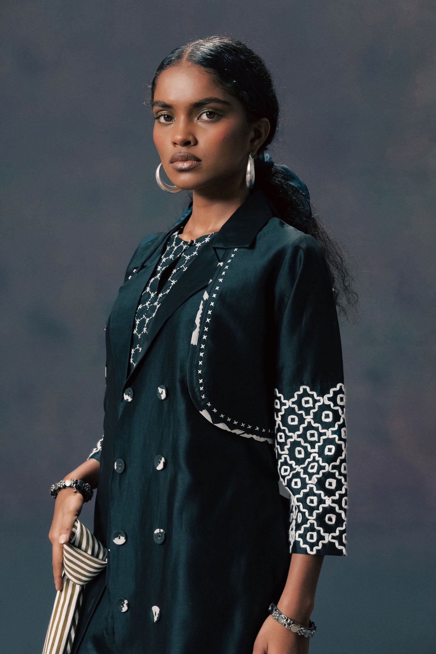 Luxurious Indigo Silk Chanderi Embroidered Jacket & Halter Neck Jumpsuit Outfit