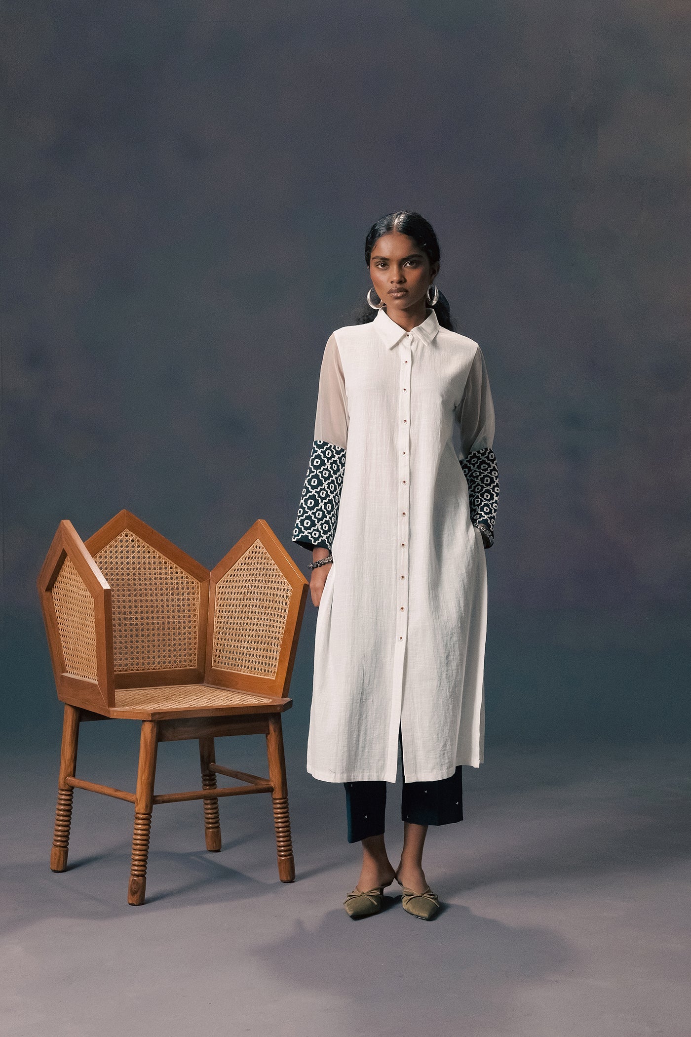 Elegant Indigo Embroidered Slub Cotton Jacket Set with Ivory Tunic Pants