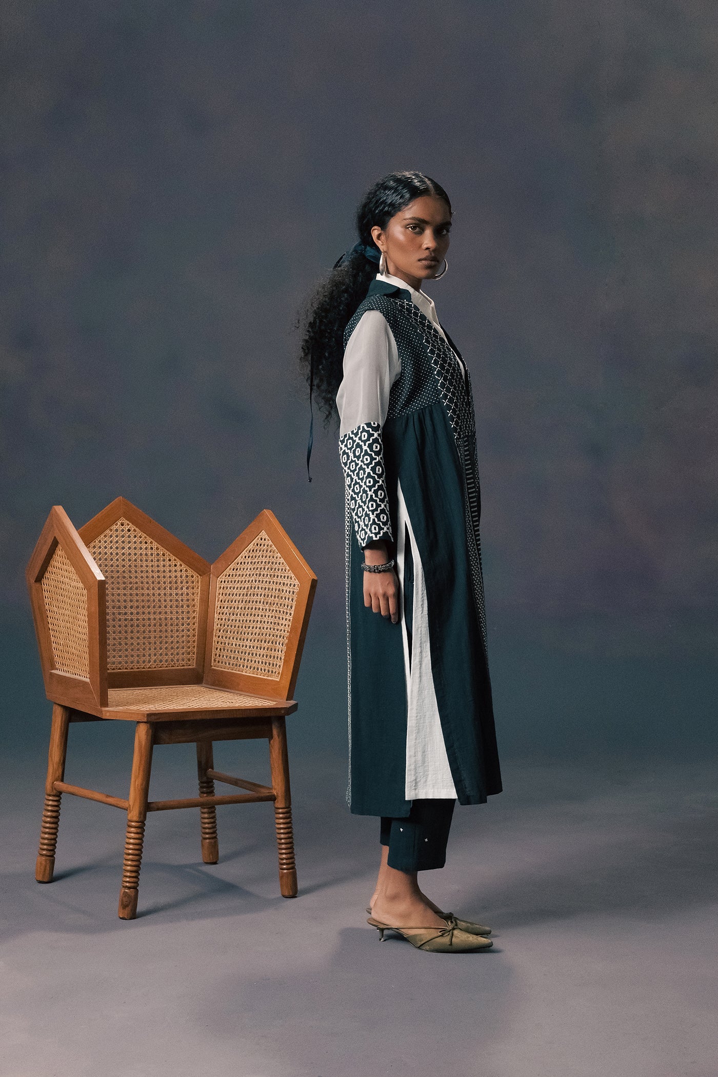 Elegant Indigo Embroidered Slub Cotton Jacket Set with Ivory Tunic Pants