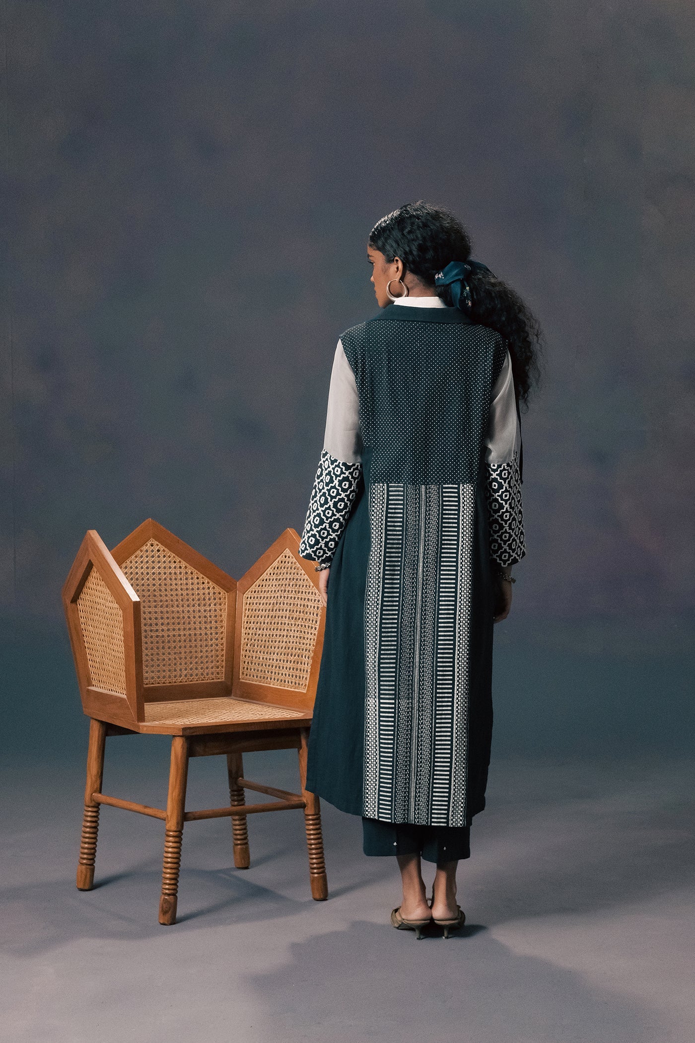 Elegant Indigo Embroidered Slub Cotton Jacket Set with Ivory Tunic Pants