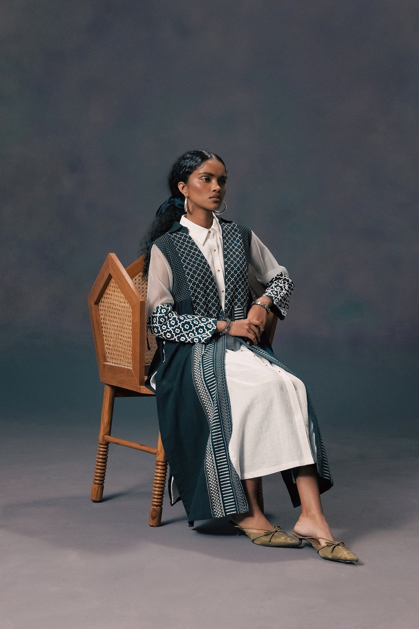 Elegant Indigo Embroidered Slub Cotton Jacket Set with Ivory Tunic Pants