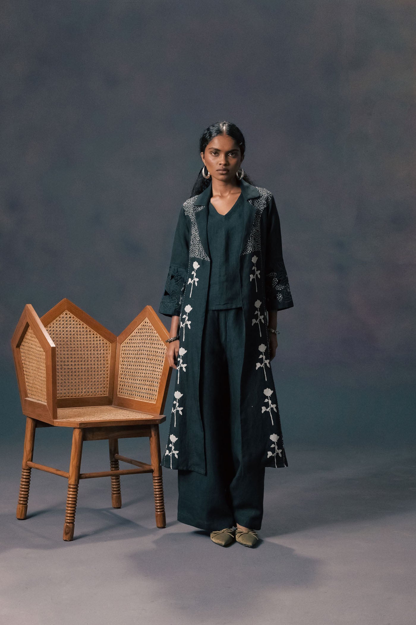 Indigo Discharge Print Linen Jacket, Top & Flared Pants Set