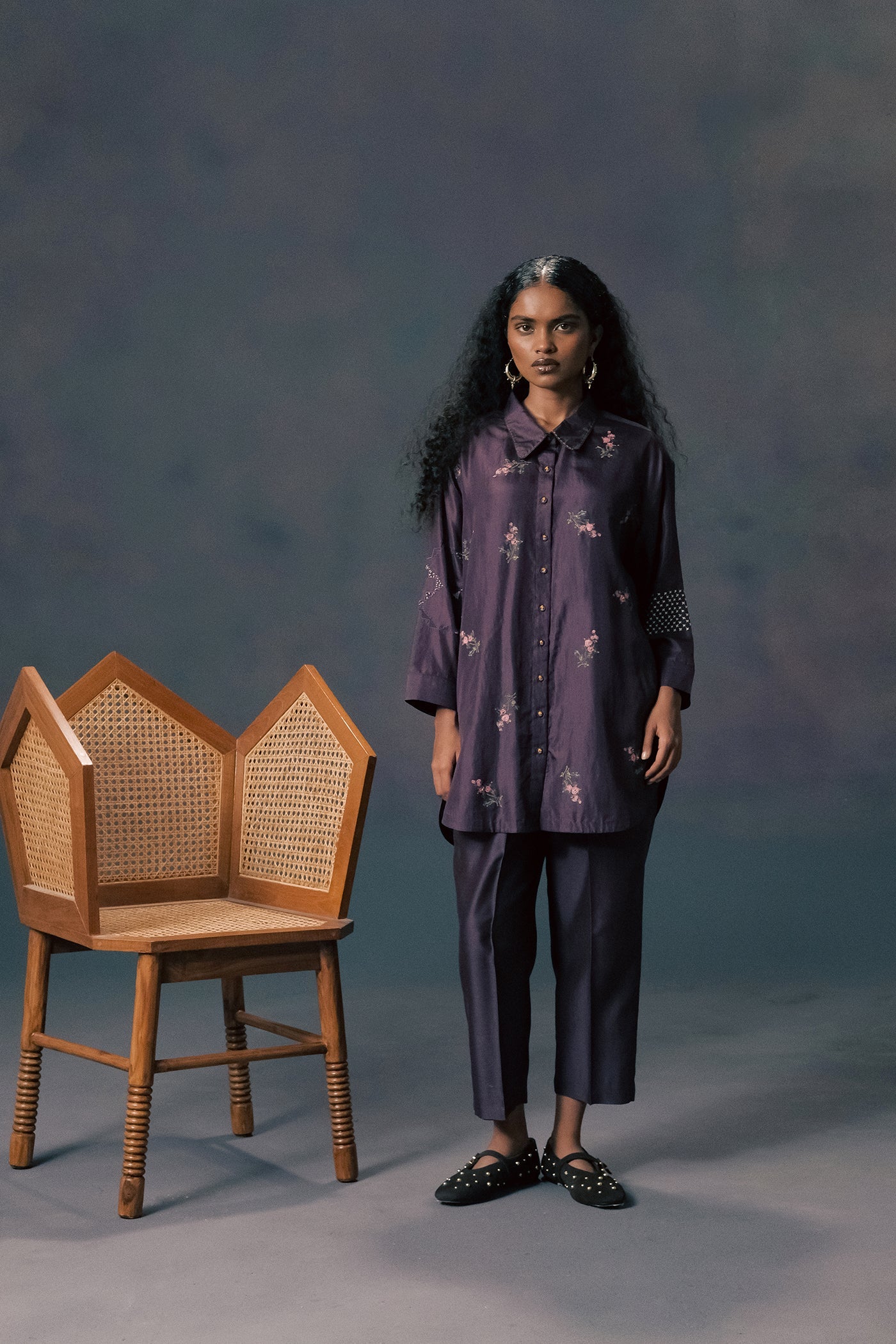 Elegant Lavender Rose Print Mulberry Silk Shirt & Chanderi Pants Set