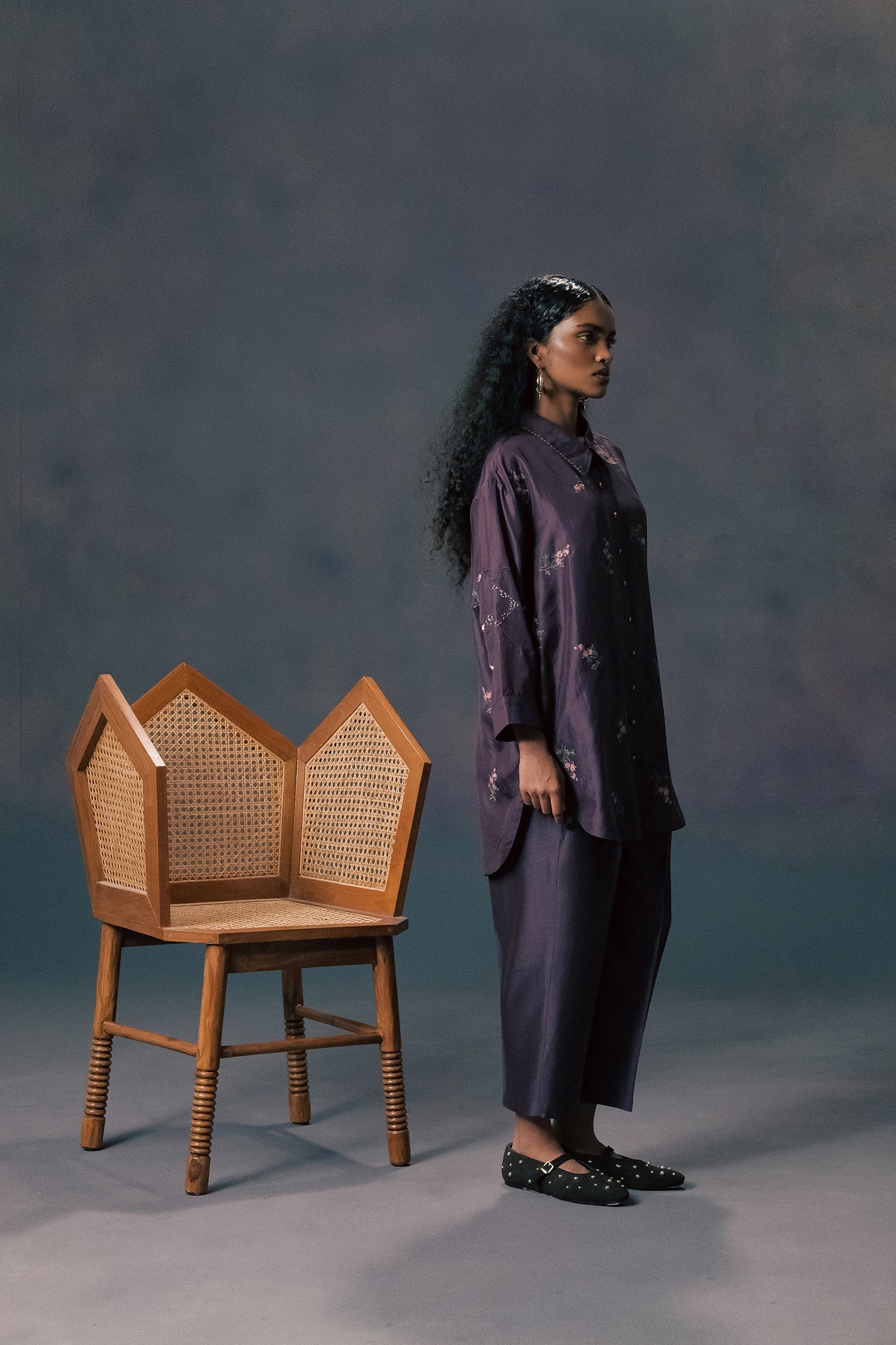 Elegant Lavender Rose Print Mulberry Silk Shirt & Chanderi Pants Set