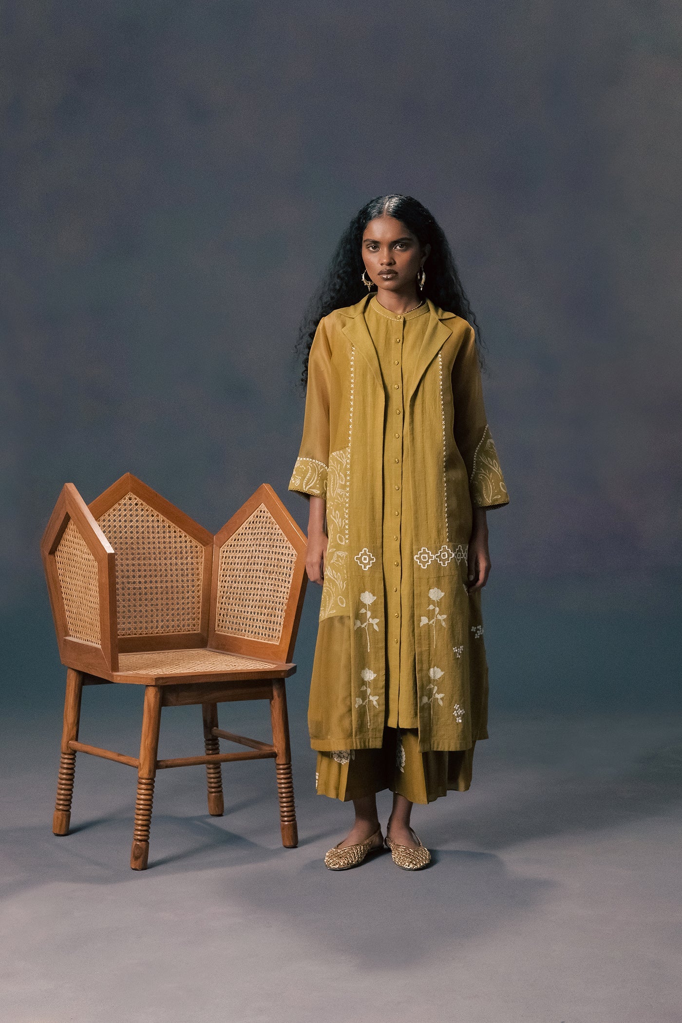 Elegant Moss Green Panelled Applique Jacket, Slub Cotton Tunic, Flared Pants Set