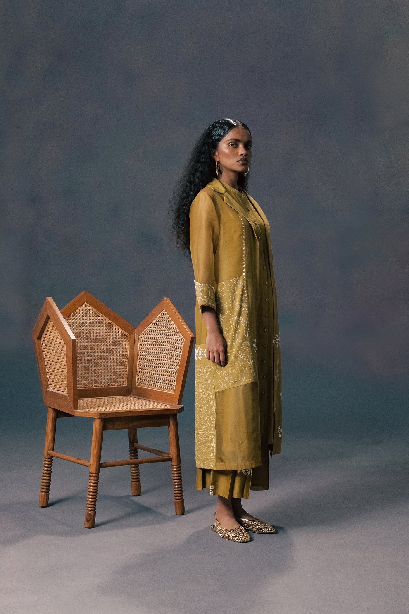 Elegant Moss Green Panelled Applique Jacket, Slub Cotton Tunic, Flared Pants Set