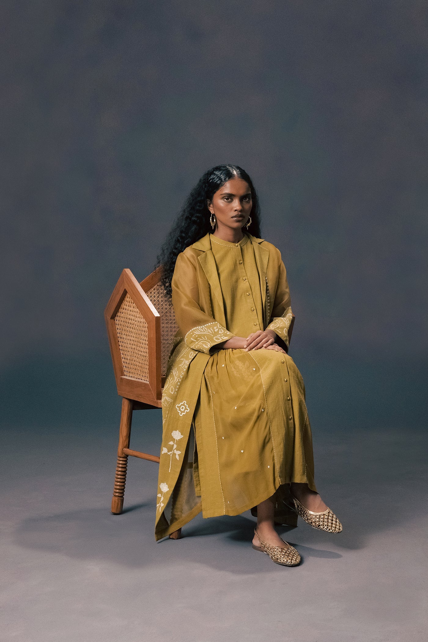 Elegant Moss Green Panelled Applique Jacket, Slub Cotton Tunic, Flared Pants Set
