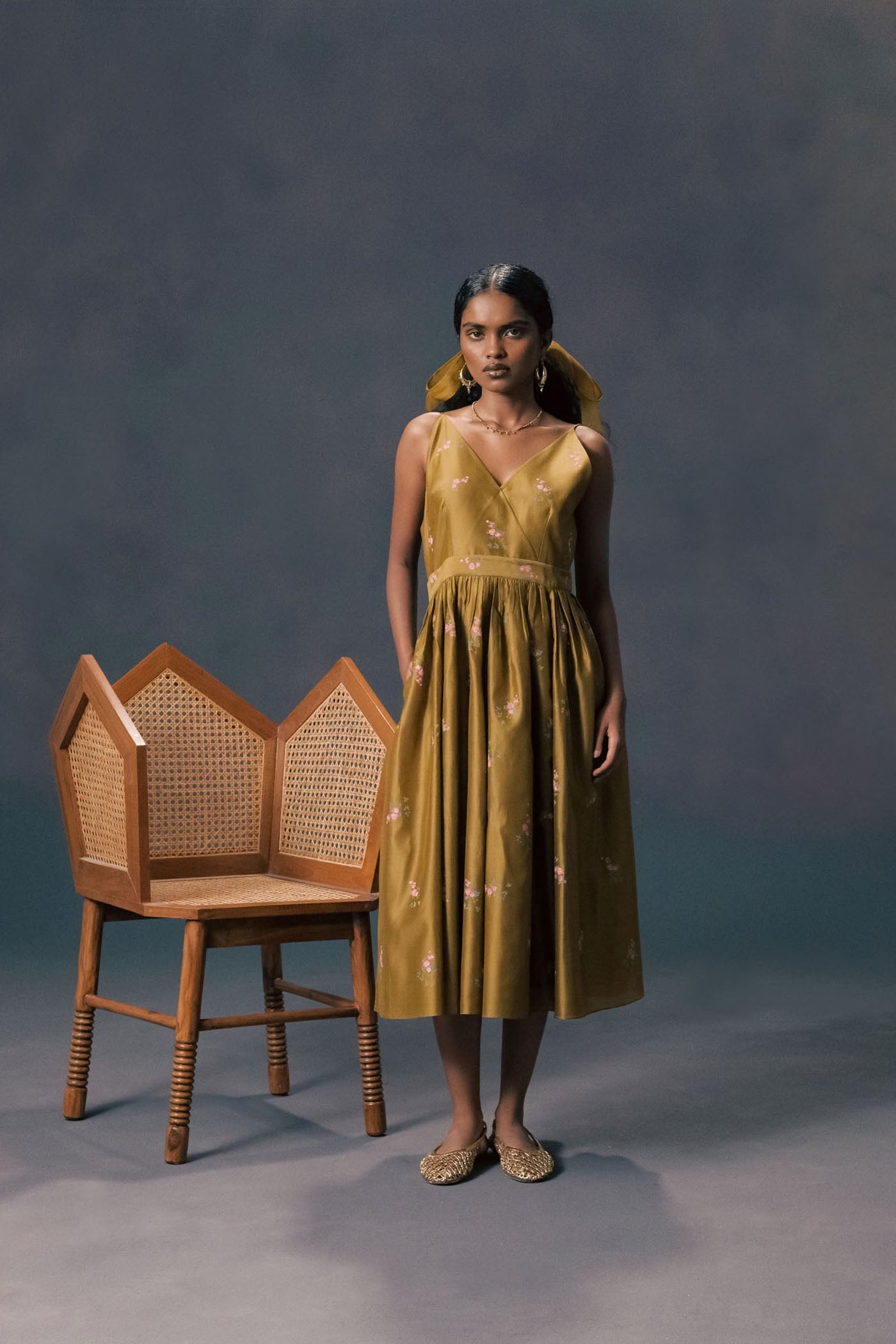 Exquisite Moss Green Organza Jacket & Rose Print Silk Chanderi Dress