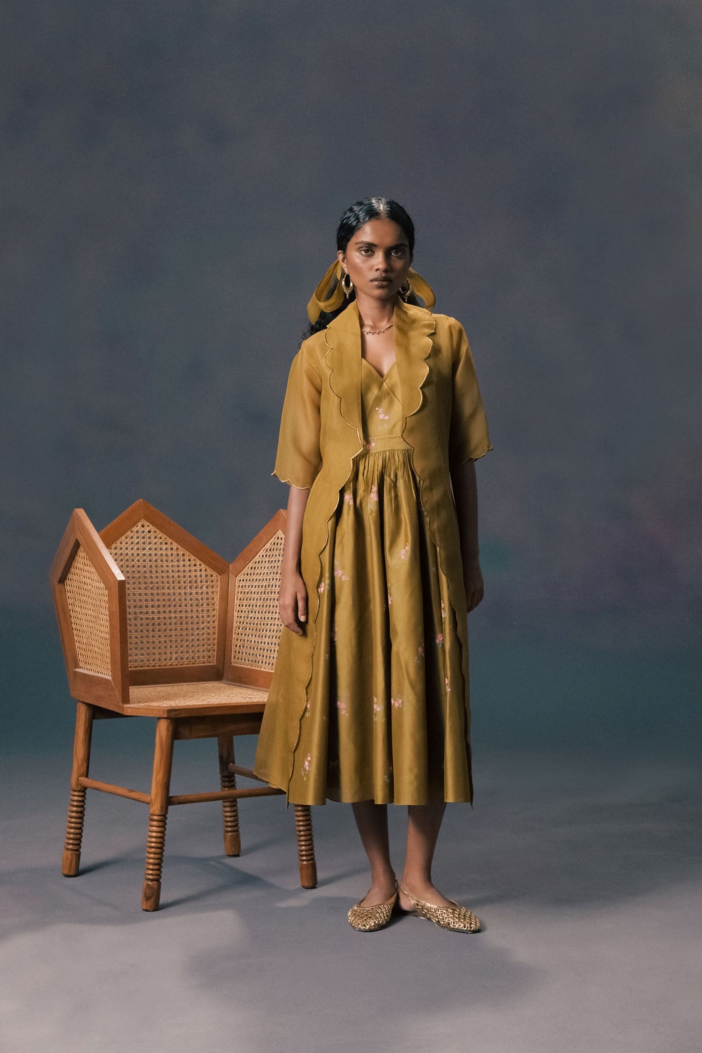 Exquisite Moss Green Organza Jacket & Rose Print Silk Chanderi Dress