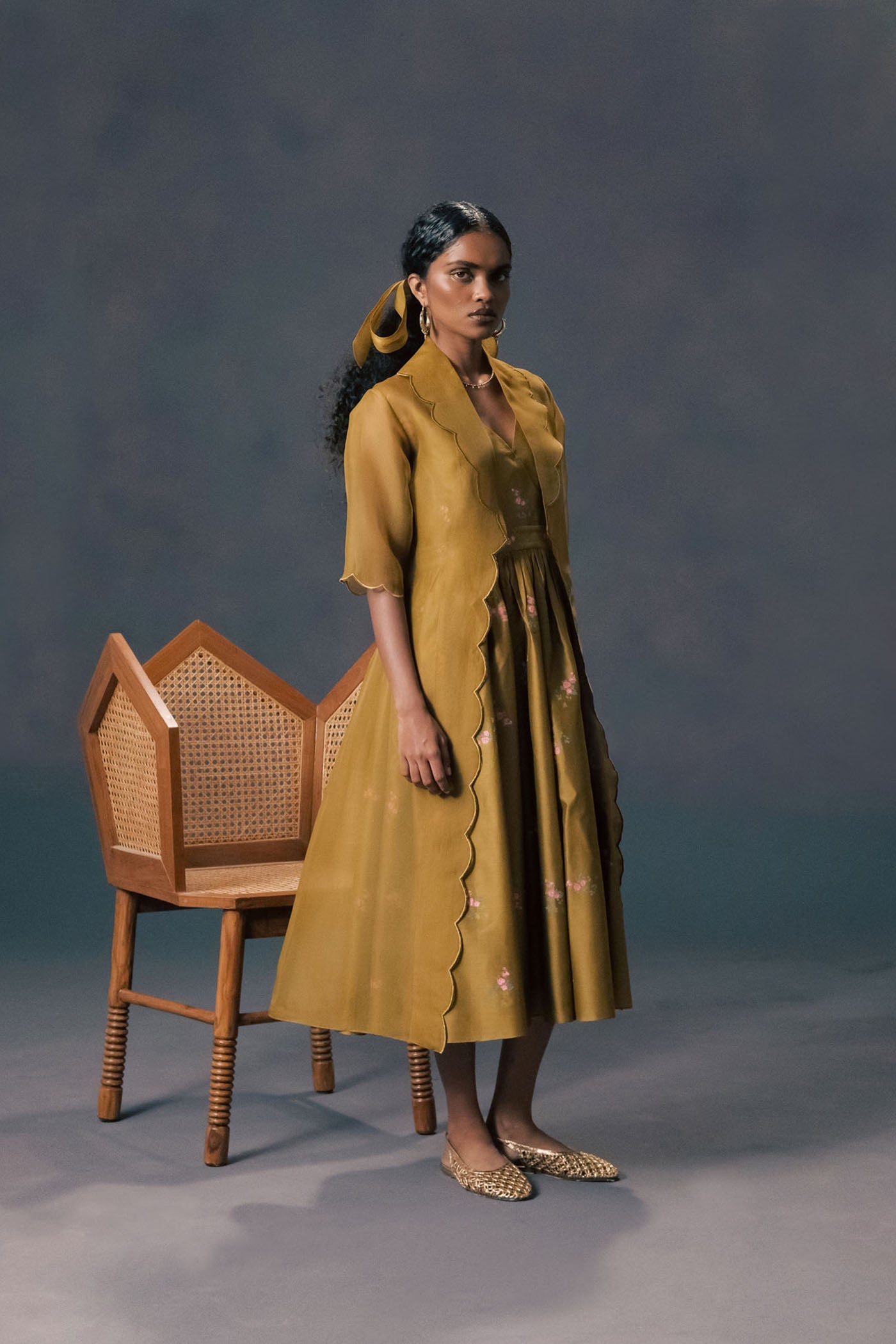 Exquisite Moss Green Organza Jacket & Rose Print Silk Chanderi Dress