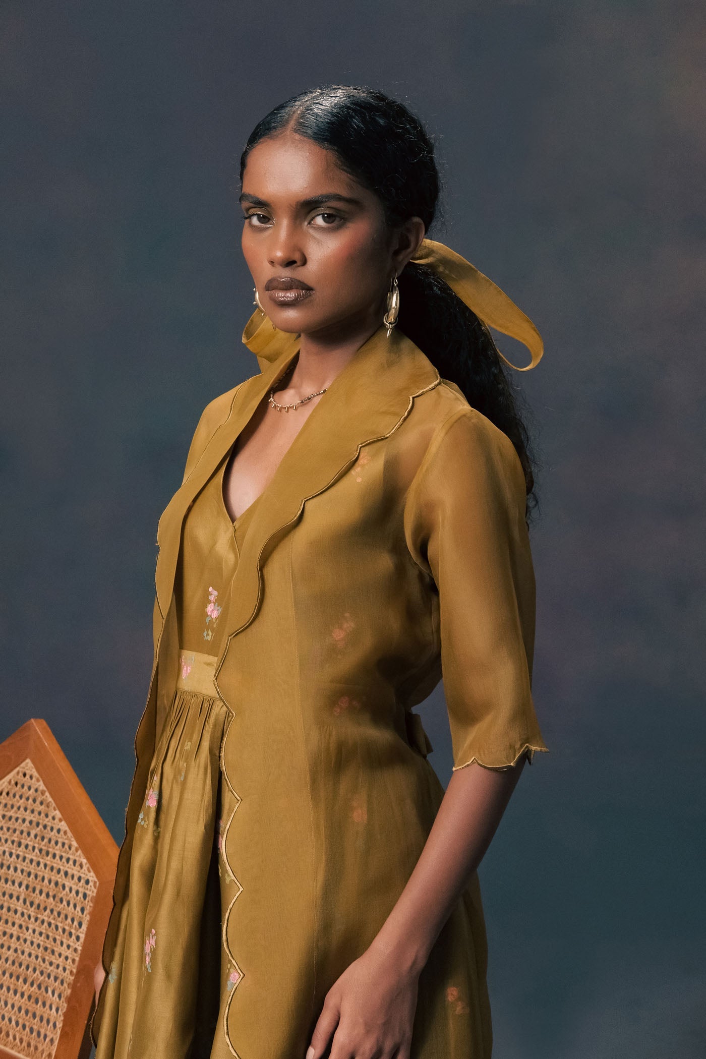 Exquisite Moss Green Organza Jacket & Rose Print Silk Chanderi Dress