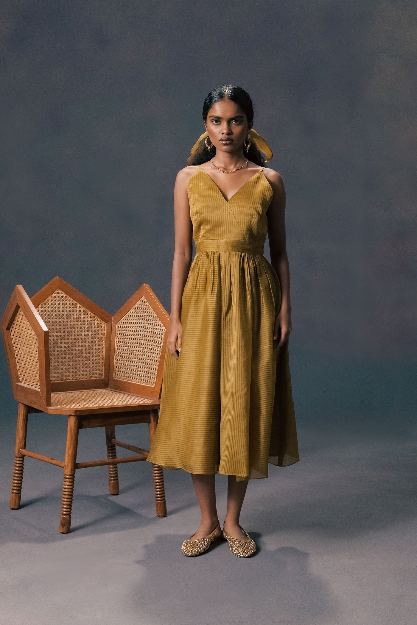 Elegant Moss Green Organza Embroidered Jacket & Striped Strap Dress Ensemble