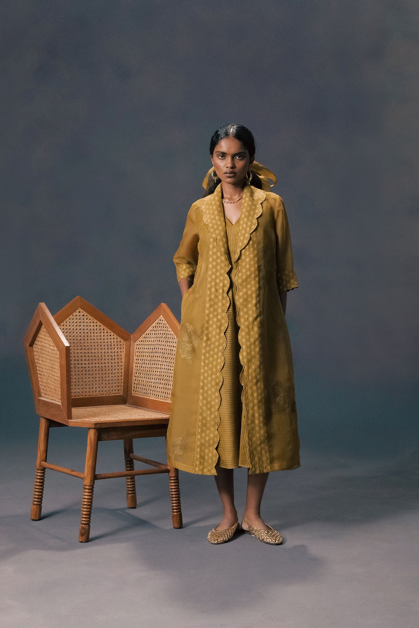 Elegant Moss Green Organza Embroidered Jacket & Striped Strap Dress Ensemble