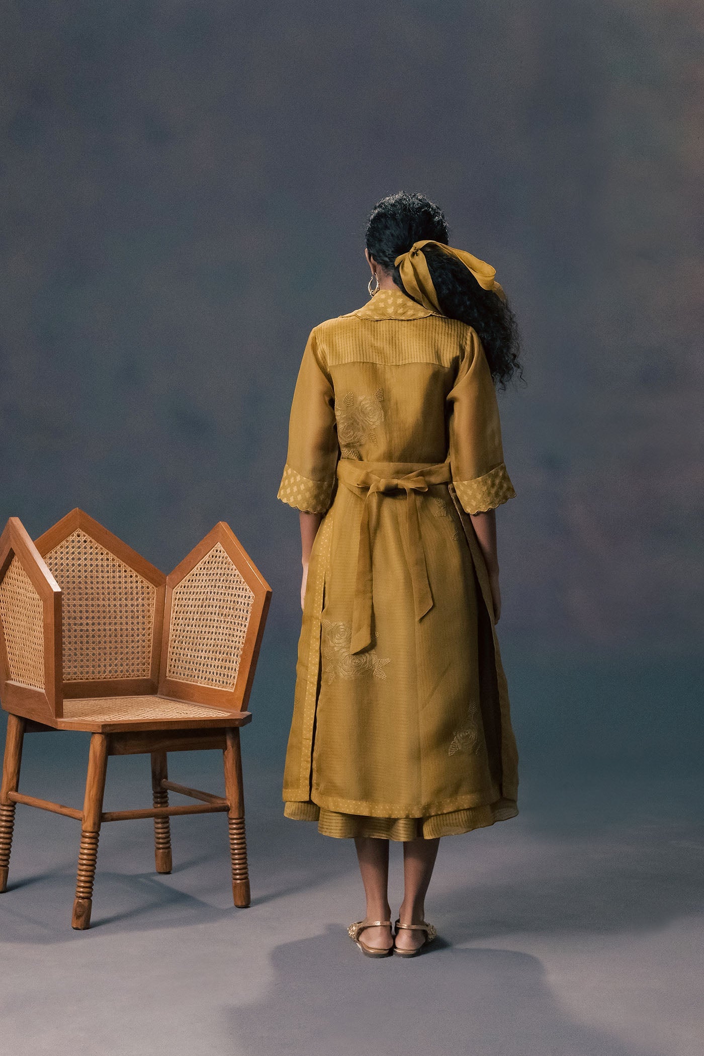 Elegant Moss Green Organza Embroidered Jacket & Striped Strap Dress Ensemble