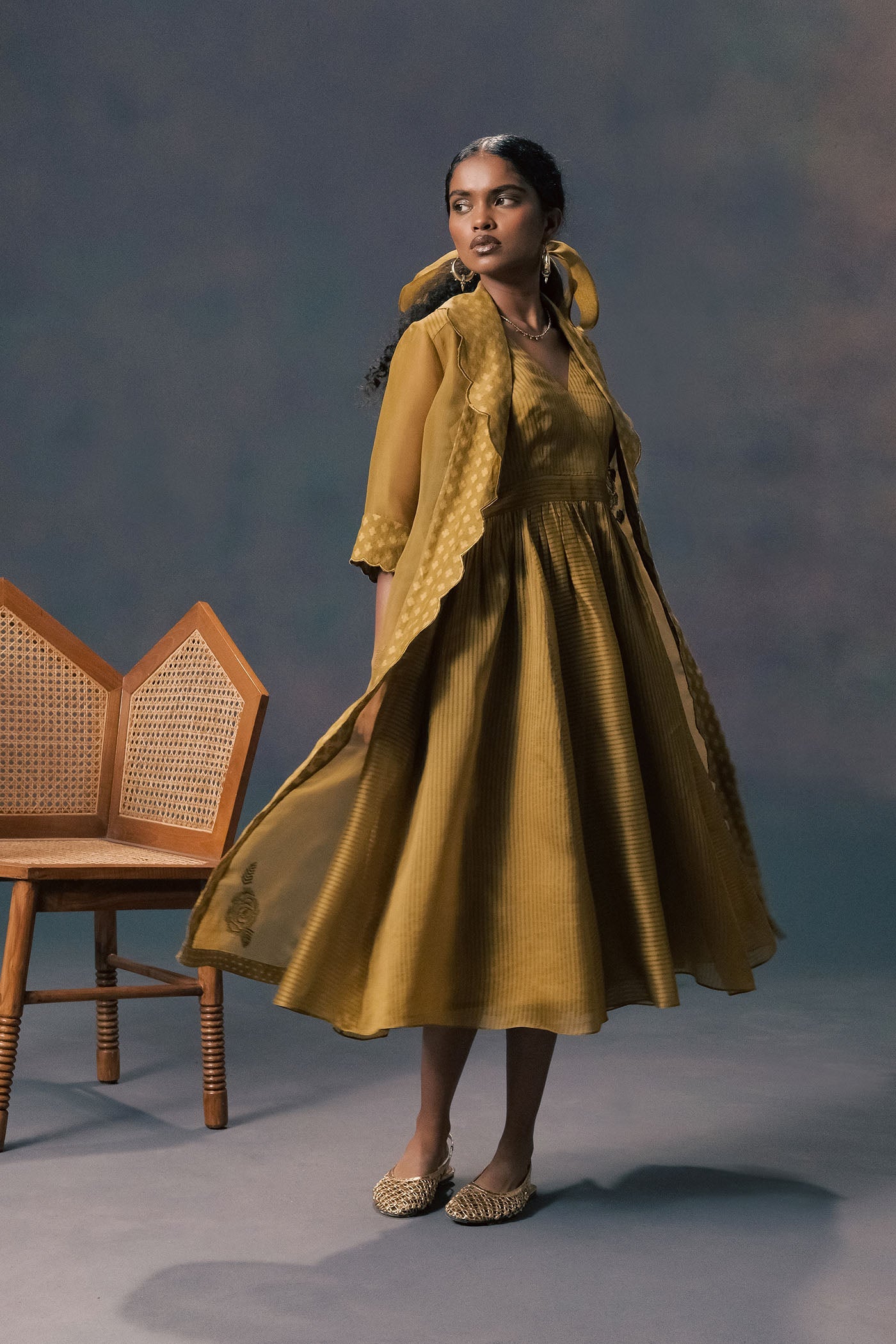 Elegant Moss Green Organza Embroidered Jacket & Striped Strap Dress Ensemble