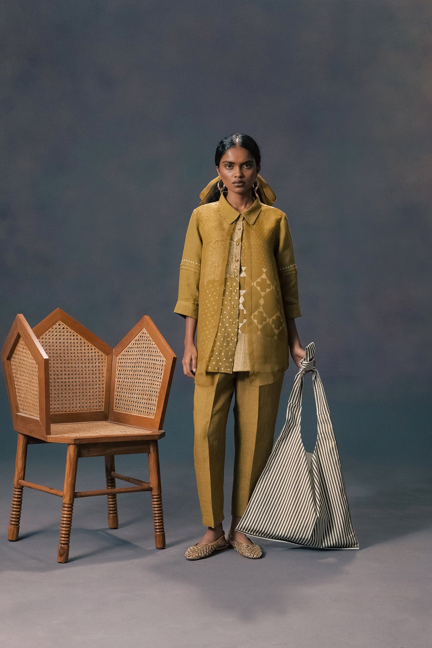 Chic Moss Green Linen Organza Double-Layer Print Shirt & Straight Pants Ensemble