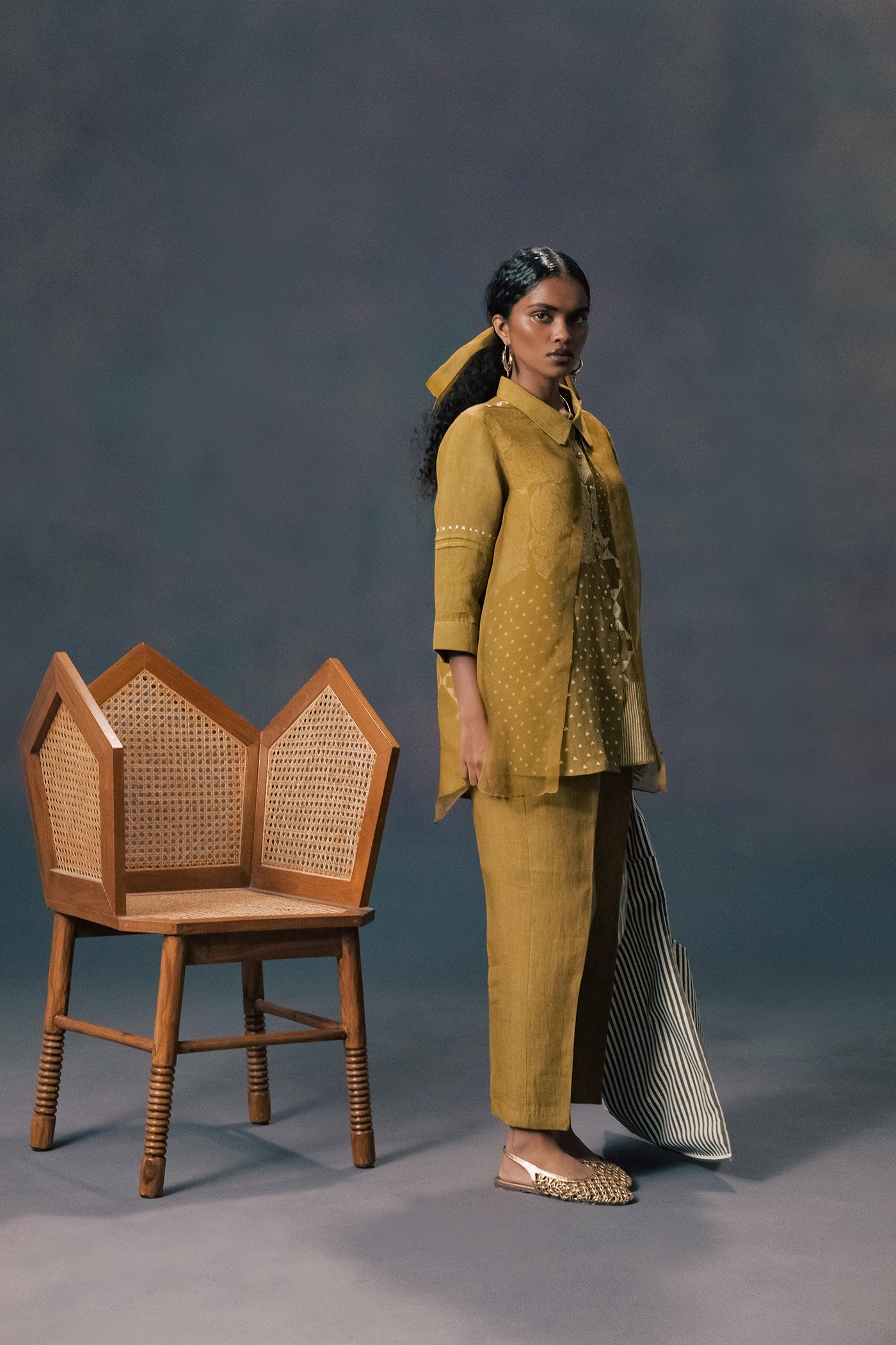 Chic Moss Green Linen Organza Double-Layer Print Shirt & Straight Pants Ensemble