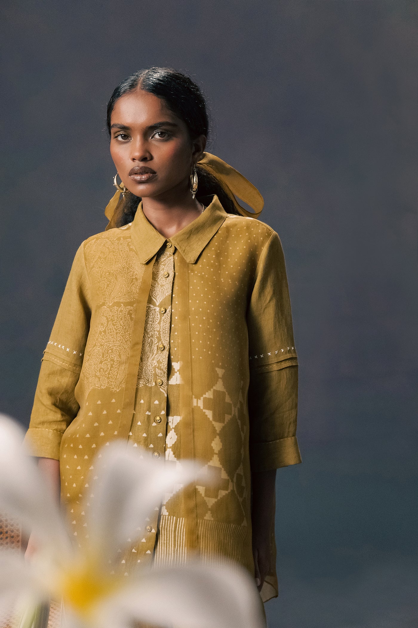 Chic Moss Green Linen Organza Double-Layer Print Shirt & Straight Pants Ensemble