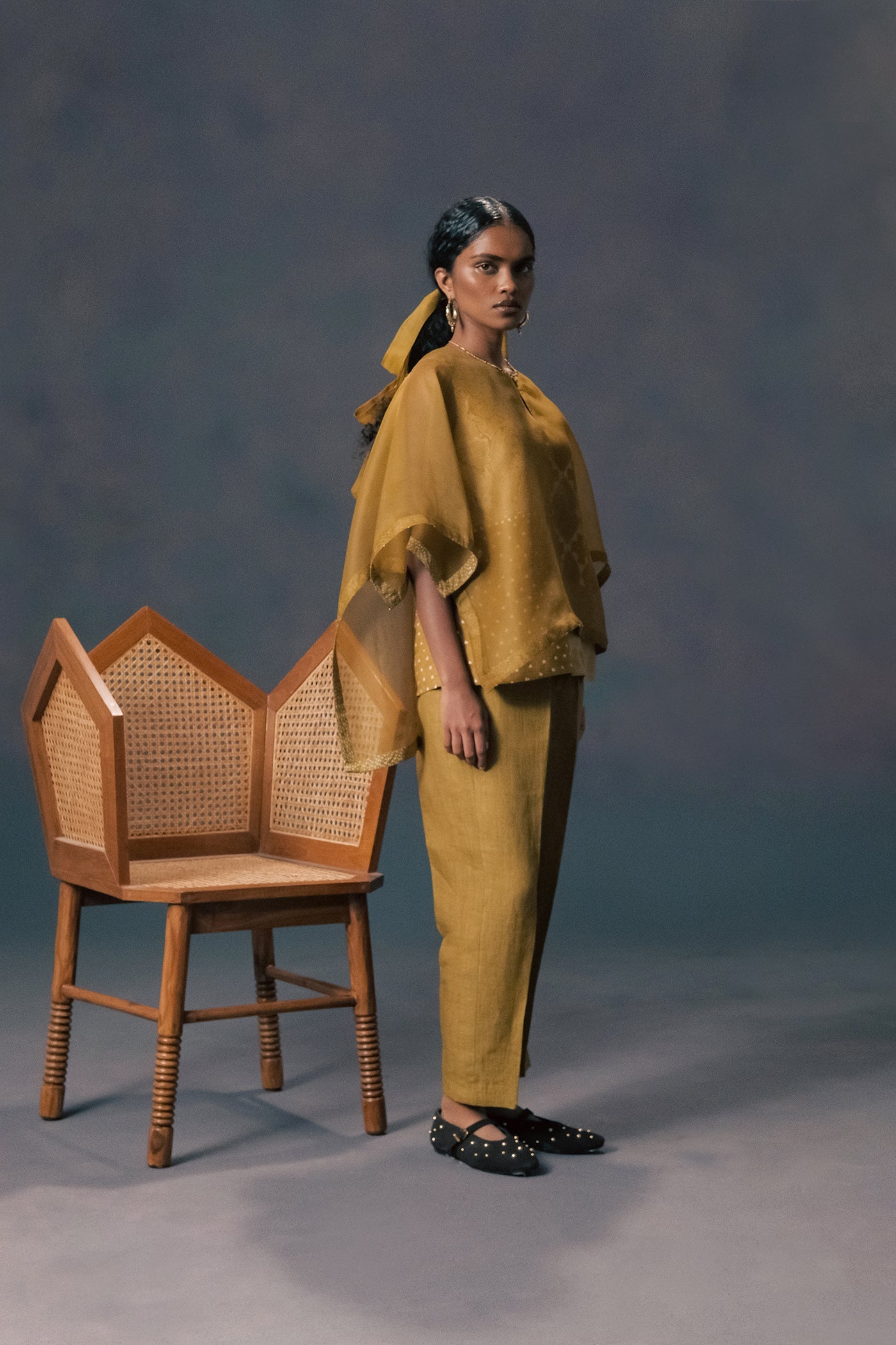 Elegant Moss Green Linen Organza Kaftan Shirt & Straight Pants Set