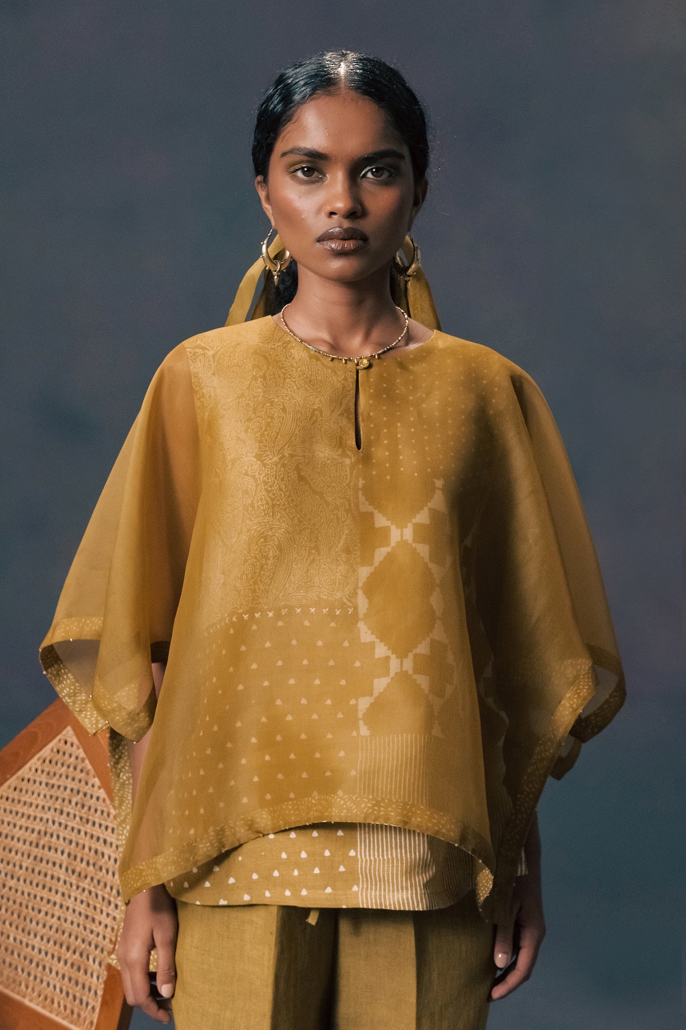 Elegant Moss Green Linen Organza Kaftan Shirt & Straight Pants Set