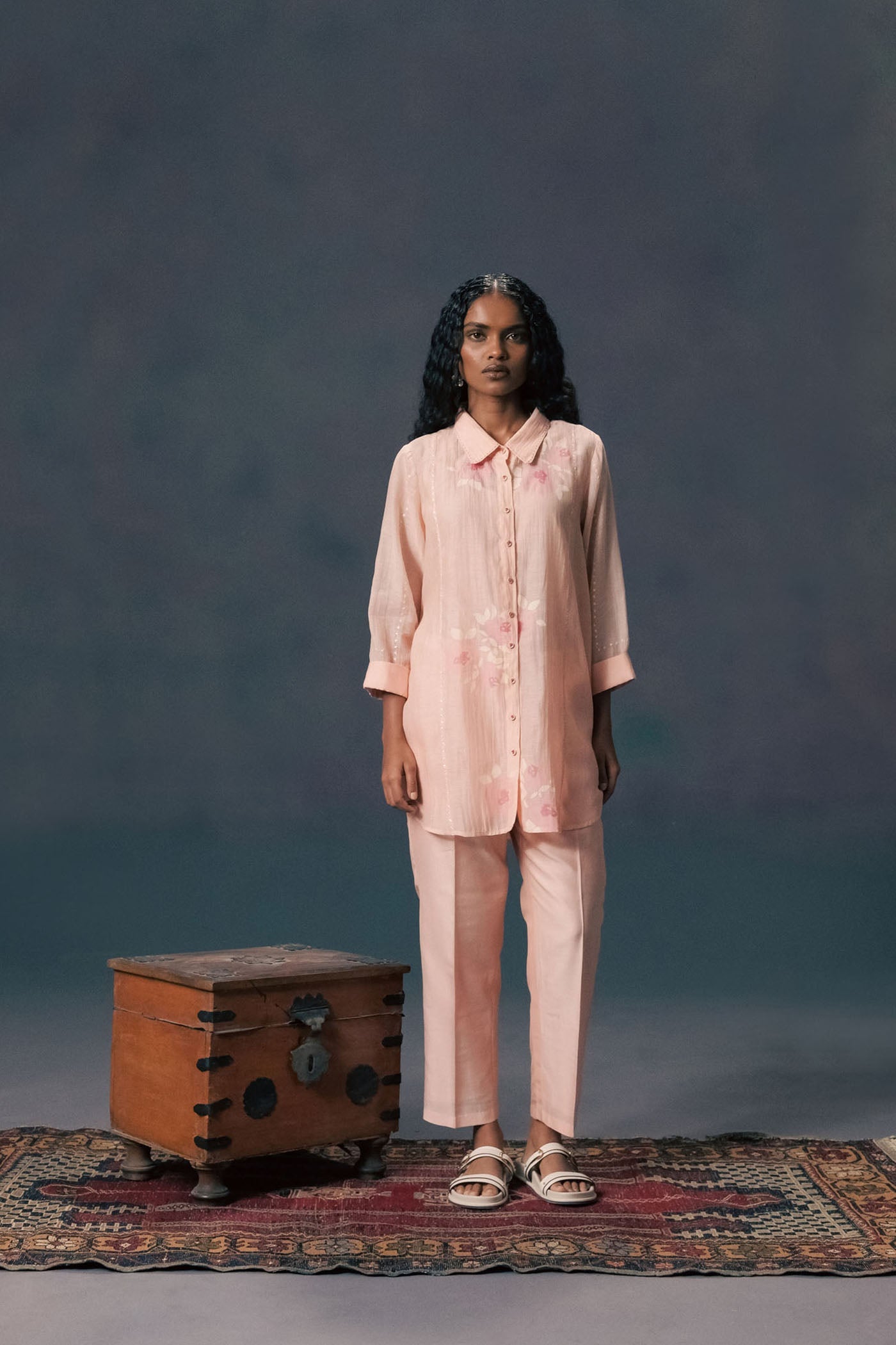 Exquisite Old Rose Mul Chanderi Embroidered Shirt & Silk Straight Pants Set