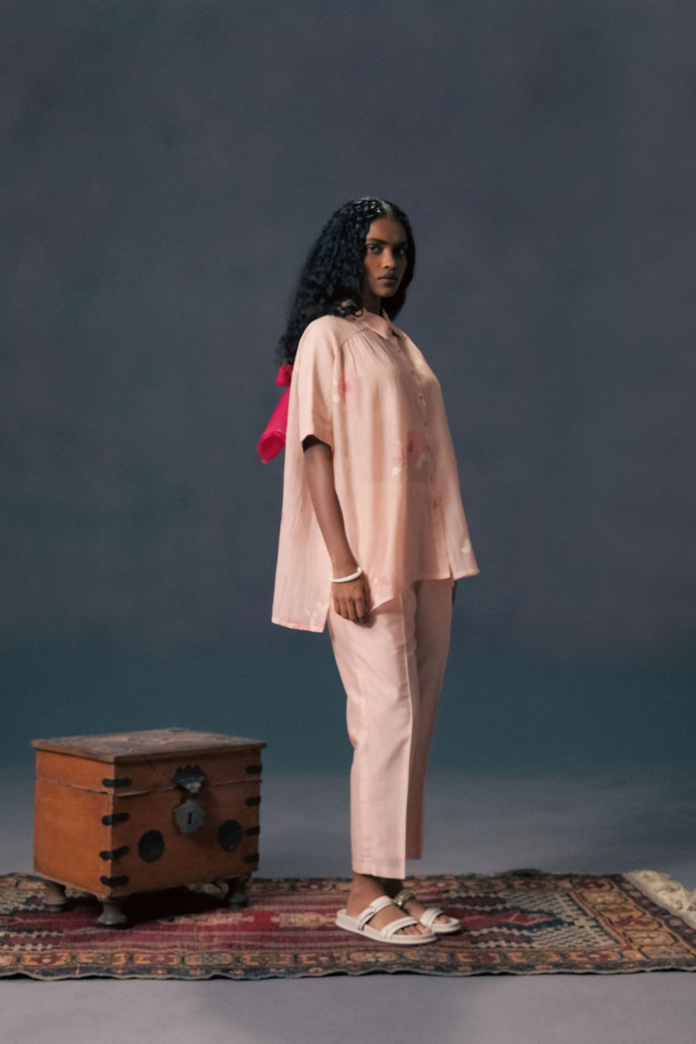 Chic Old Rose Mul Chanderi Shirt, Silk Screen Printed Straight Pants Set