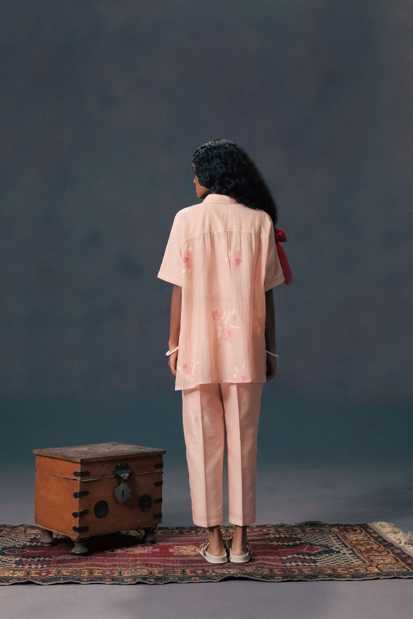 Chic Old Rose Mul Chanderi Shirt, Silk Screen Printed Straight Pants Set