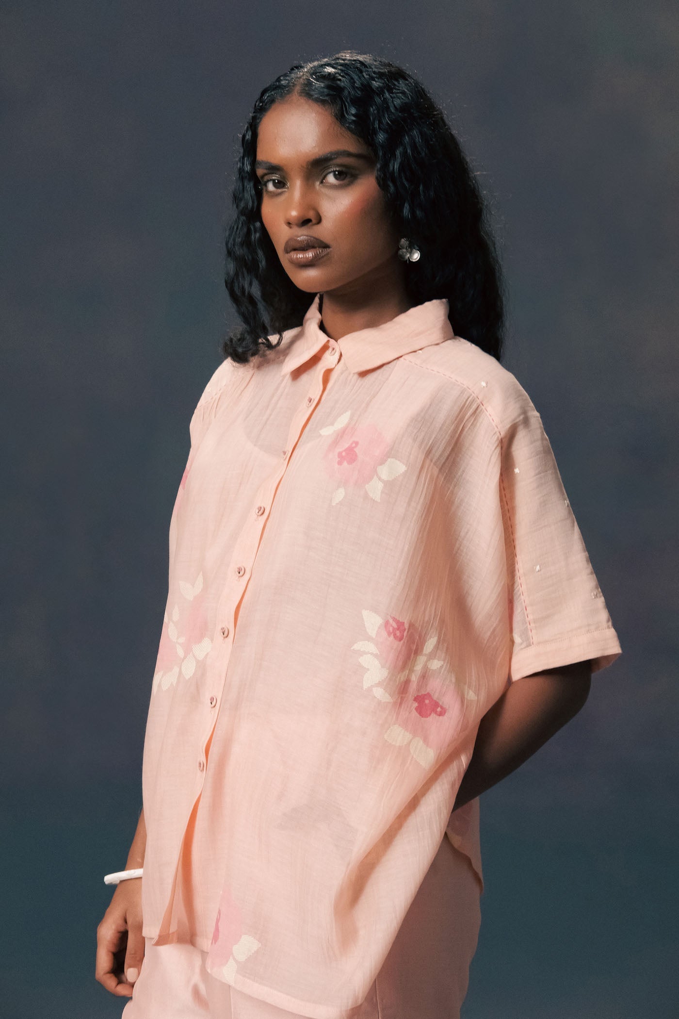 Chic Old Rose Mul Chanderi Shirt, Silk Screen Printed Straight Pants Set