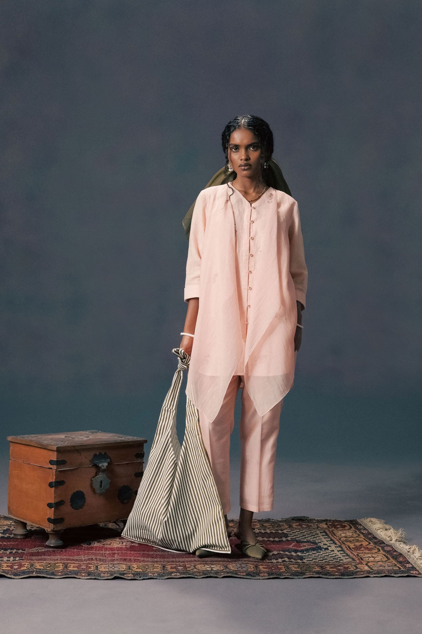 Elegant Old Rose Double Layer Shirt & Silk Chanderi Straight Pants Set
