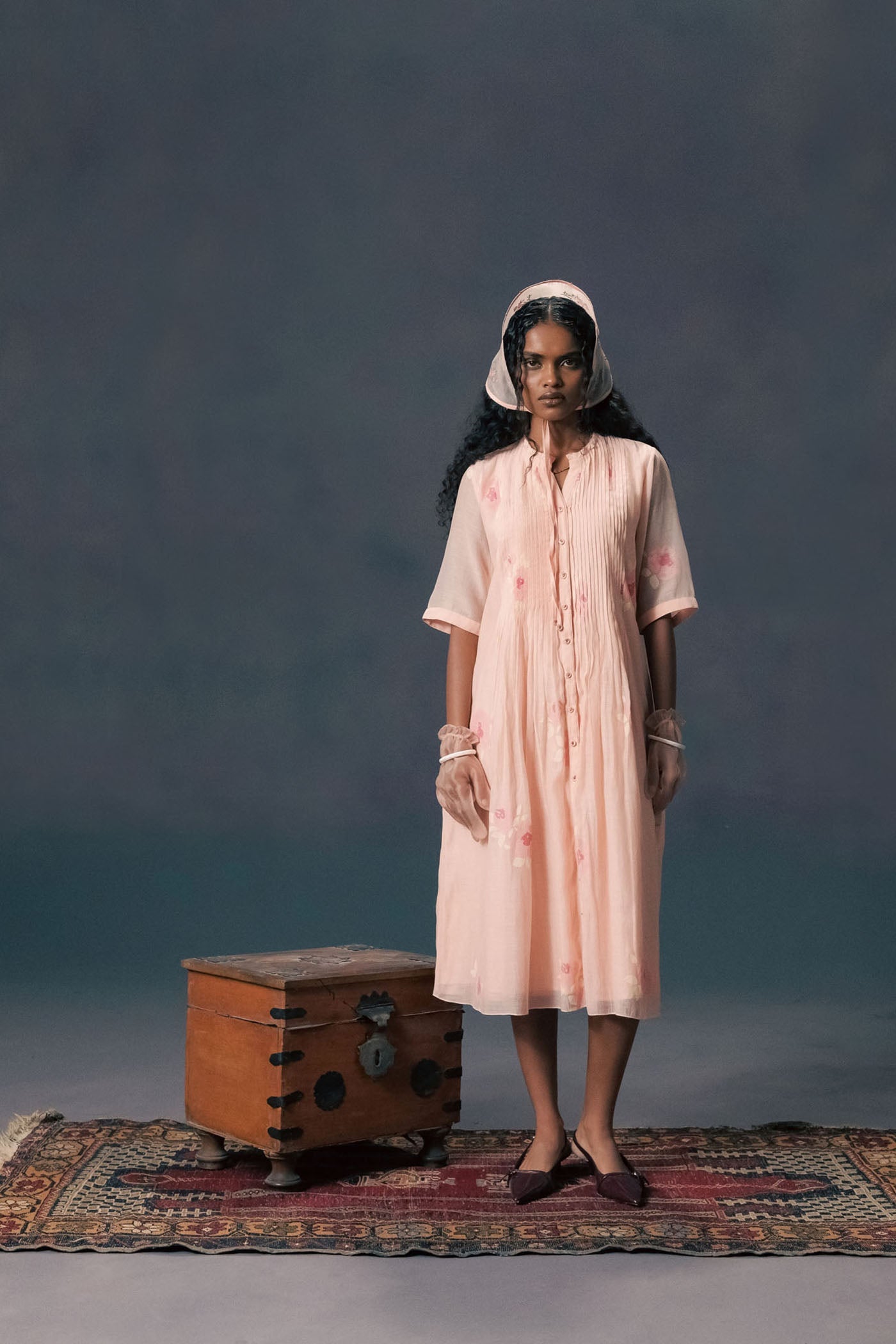 Charming Old Rose Mul Chanderi Pleated Dress with Artistic Screen Print