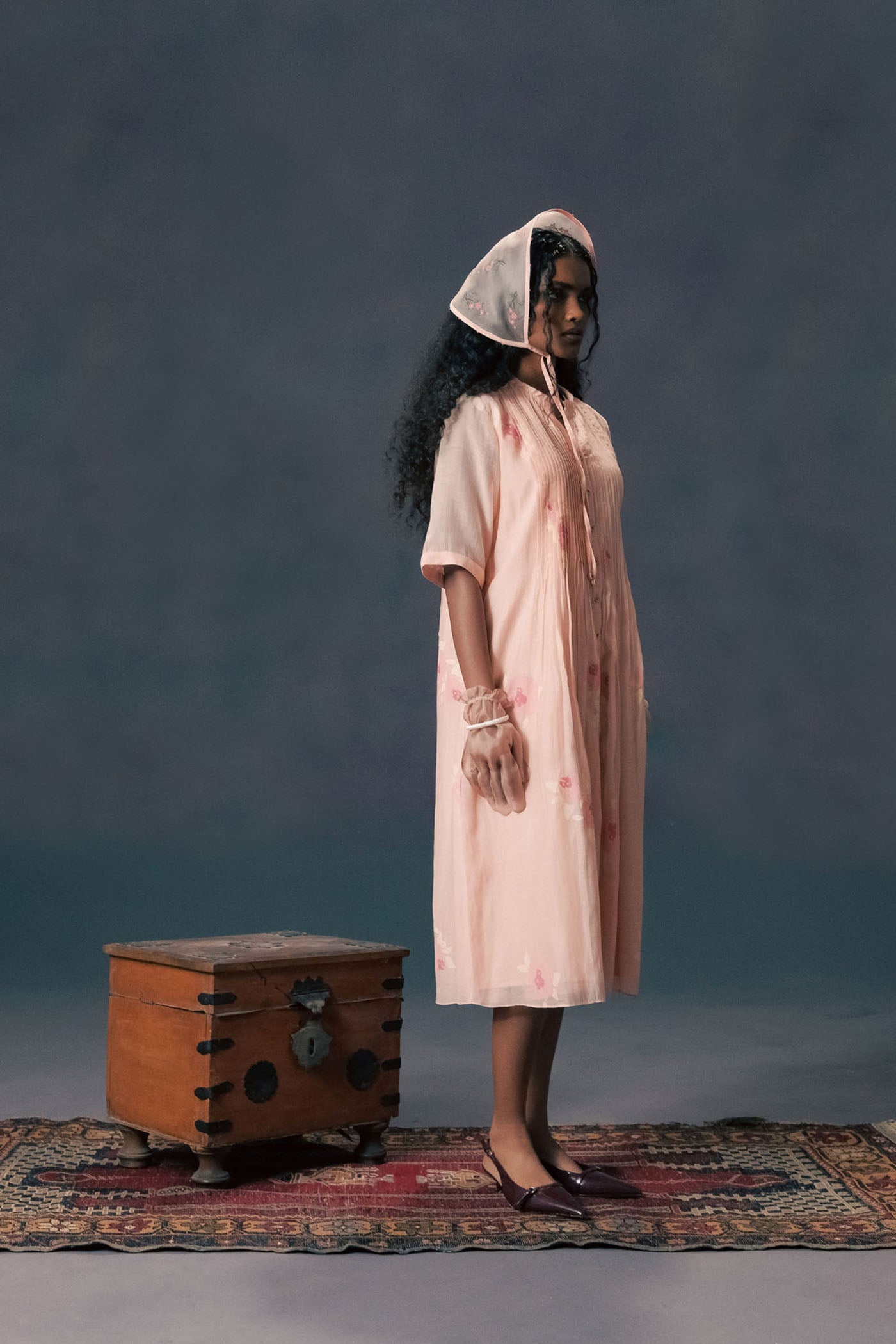 Charming Old Rose Mul Chanderi Pleated Dress with Artistic Screen Print